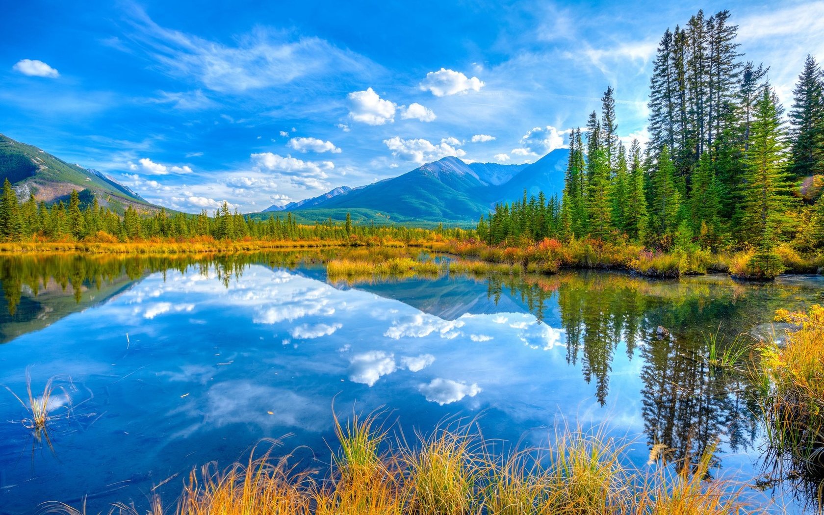 Обои небо, minnewanka lake, деревья, озеро, горы, осень, канада, альберта, национальный парк банф, the sky, trees, lake, mountains, autumn, canada, albert, banff national park разрешение 1920x1200 Загрузить