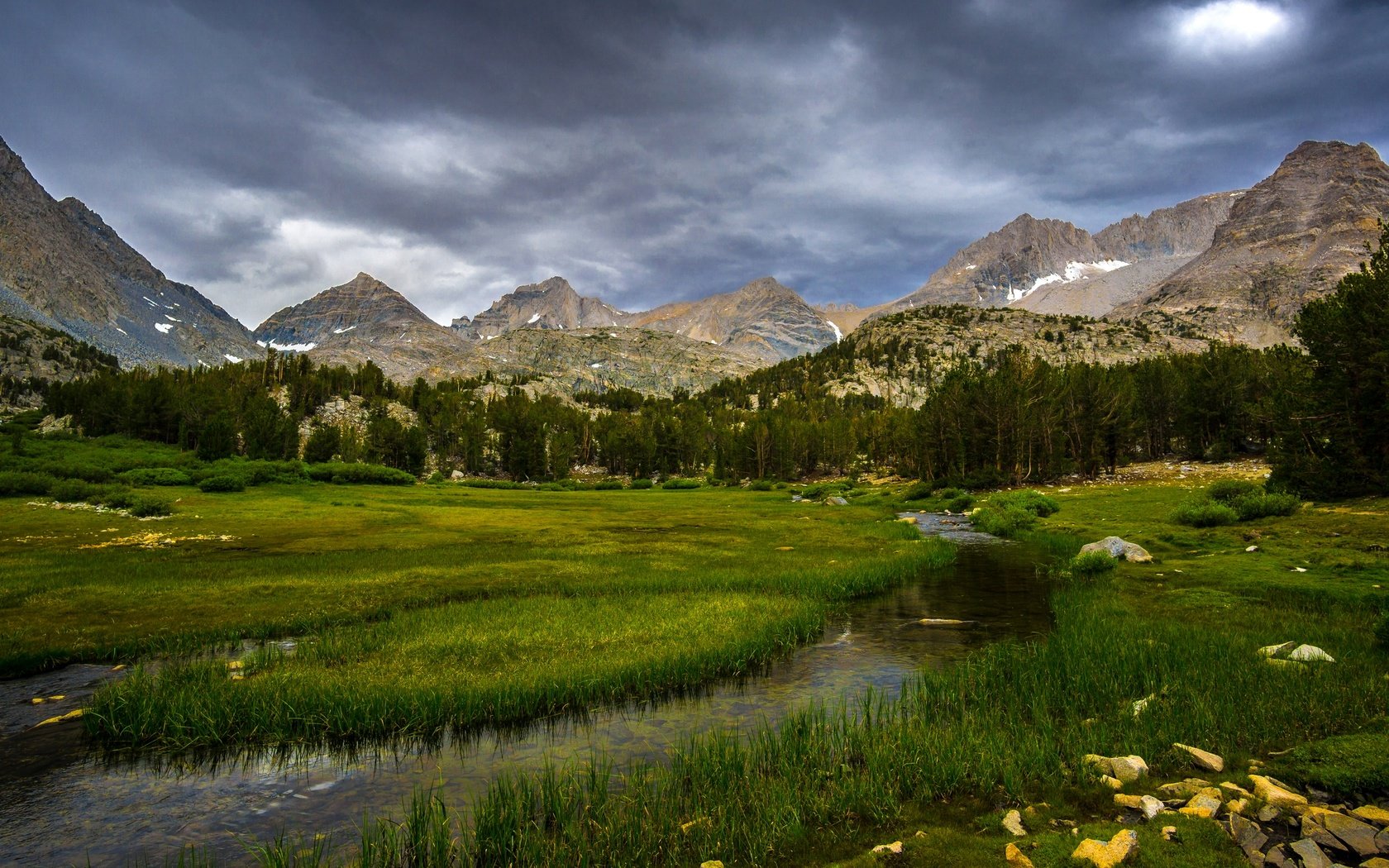 Обои трава, сша, деревья, калифорния, горы, inyo national forest, скалы, камни, лес, ручей, поляна, grass, usa, trees, ca, mountains, rocks, stones, forest, stream, glade разрешение 2880x1620 Загрузить