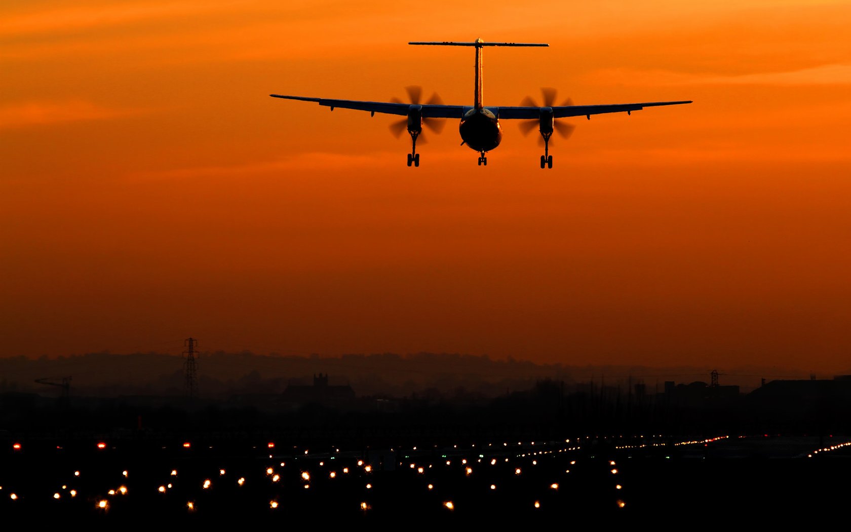 Обои огни, вечер, самолет, силуэт, lights, the evening, the plane, silhouette разрешение 2048x1349 Загрузить