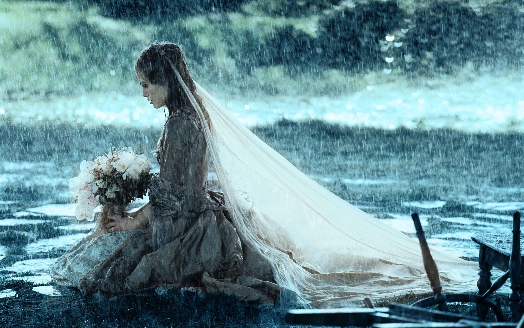 букет, невеста, фата, элизабет суонн, кира найтли, girl, dress, rain, bouqu...