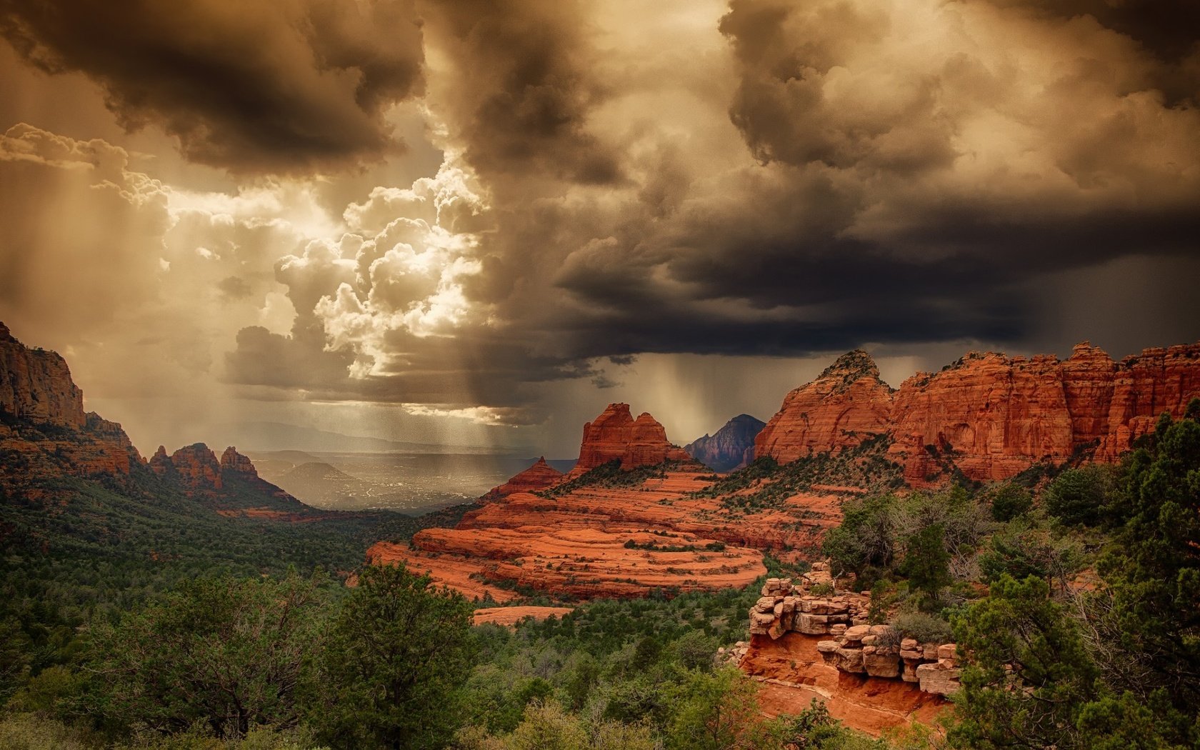 Обои небо, свет, облака, деревья, скалы, каньон, дождь, the sky, light, clouds, trees, rocks, canyon, rain разрешение 1920x1200 Загрузить