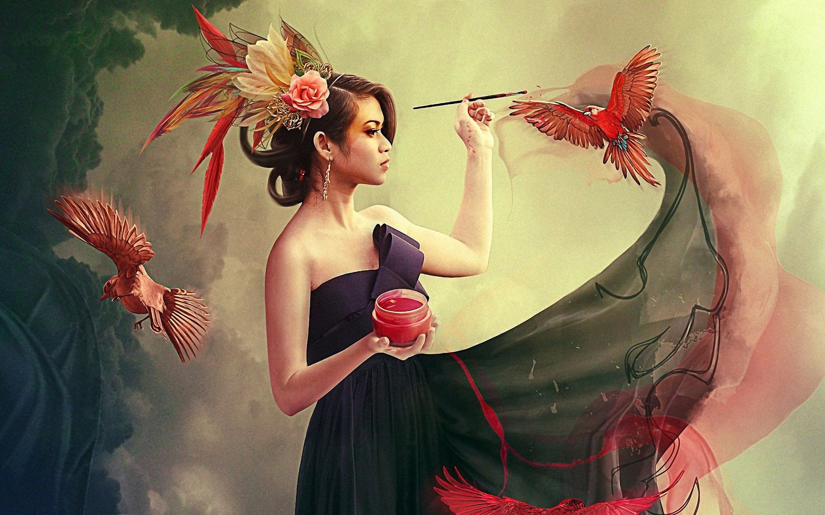 Обои девушка, краска, птицы, кисть, фотоманипуляция, girl, paint, birds, brush, photo manipulation разрешение 3400x1913 Загрузить