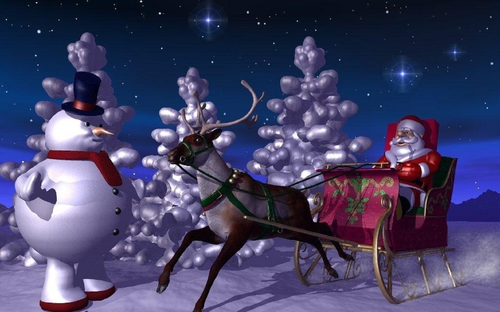 Обои новый год, сани, снеговик, дед мороз, олени, new year, sleigh, snowman, santa claus, deer разрешение 1920x1200 Загрузить