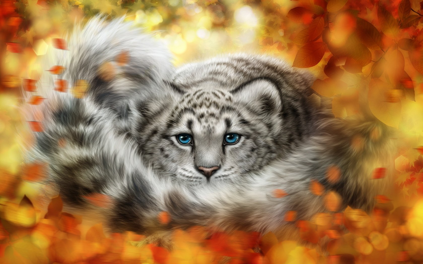Обои арт, листья, взгляд, осень, леопард, снежный барс, ирбис, art, leaves, look, autumn, leopard, snow leopard, irbis разрешение 2123x1250 Загрузить