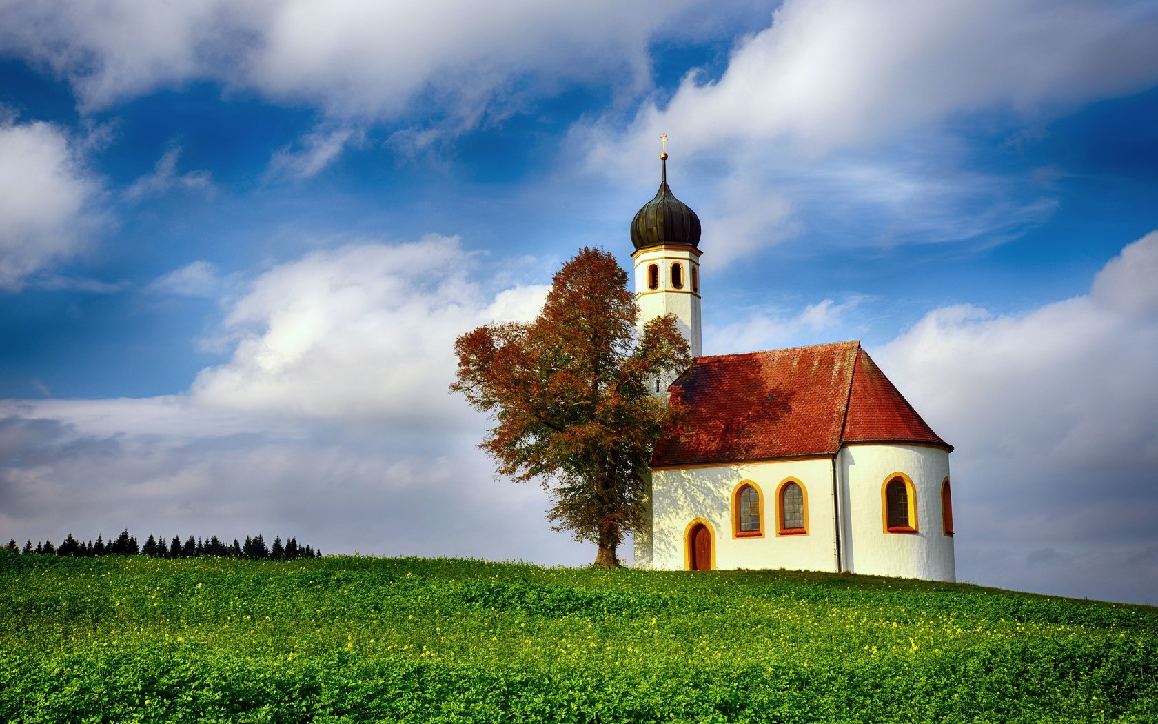 Обои дерево, пейзаж, церковь, холм, баварии, tree, landscape, church, hill, bavaria разрешение 7355x4907 Загрузить