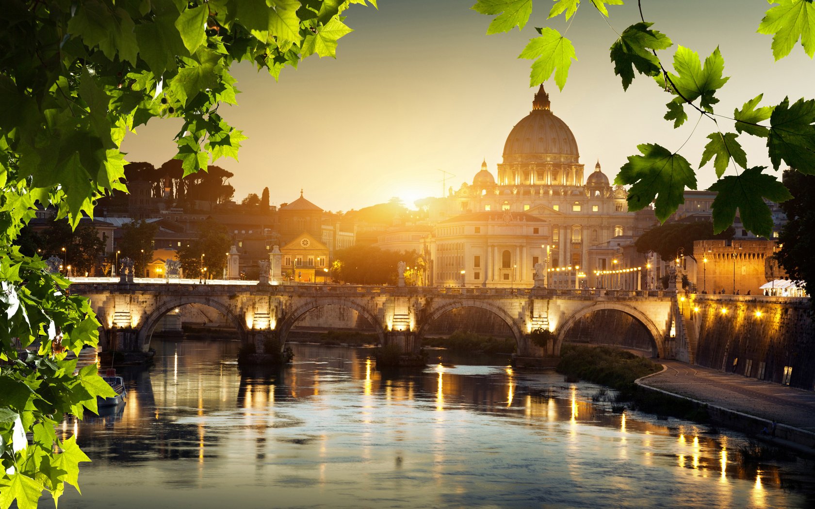 Обои огни, отражение, мост, город, италия, рим, lights, reflection, bridge, the city, italy, rome разрешение 2880x1800 Загрузить