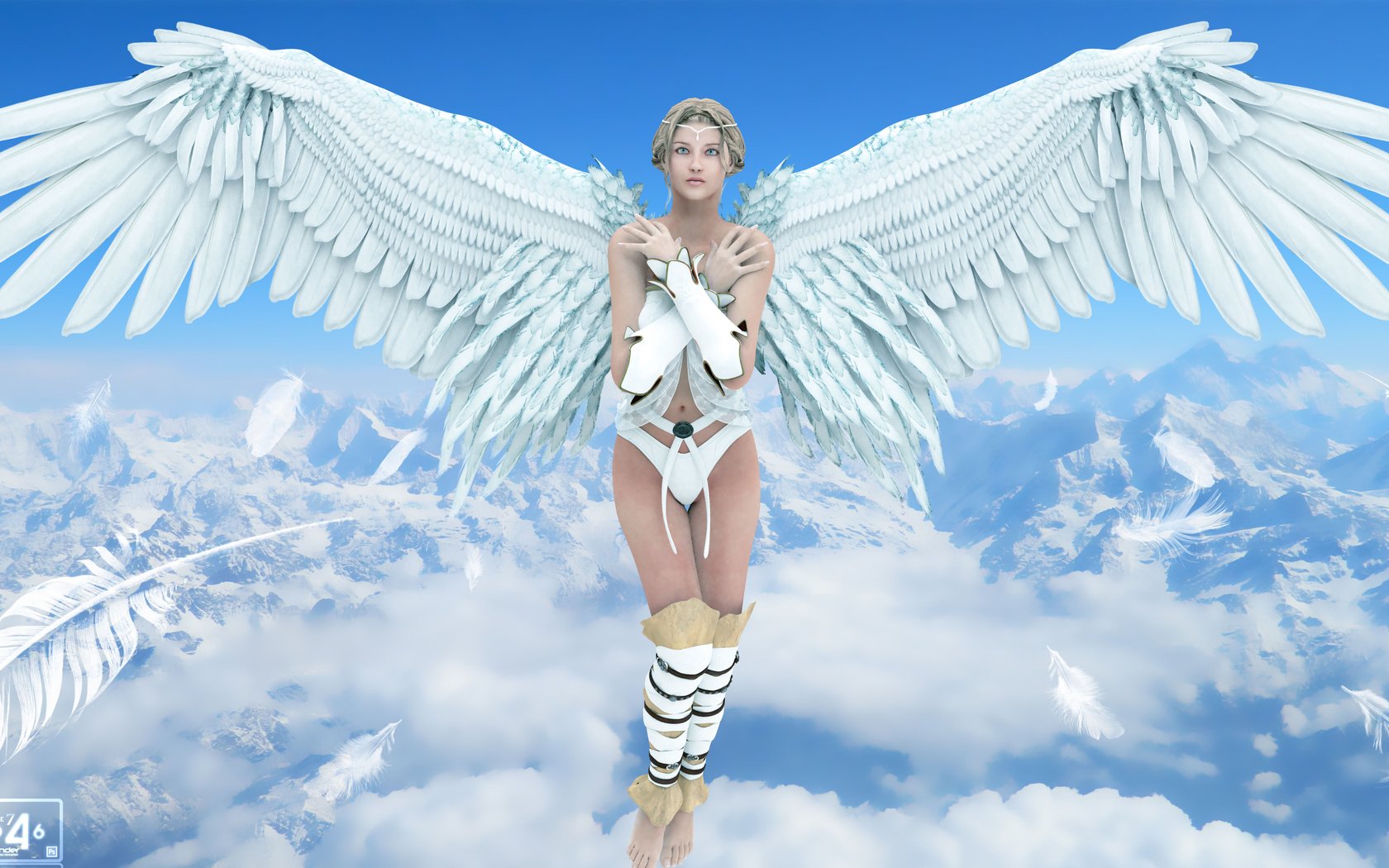 Обои небо, облака, девушка, крылья, рендеринг, ангел, перья, the sky, clouds, girl, wings, rendering, angel, feathers разрешение 6000x3126 Загрузить