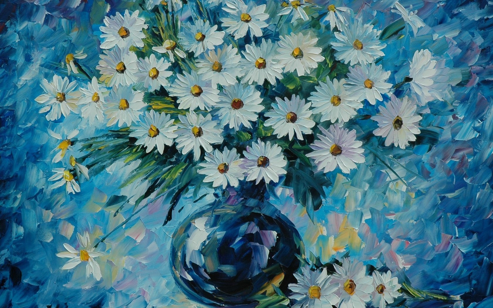 Обои цветы, ромашки, букет, ваза, живопись, leonid afremov, flowers, chamomile, bouquet, vase, painting разрешение 2248x1812 Загрузить