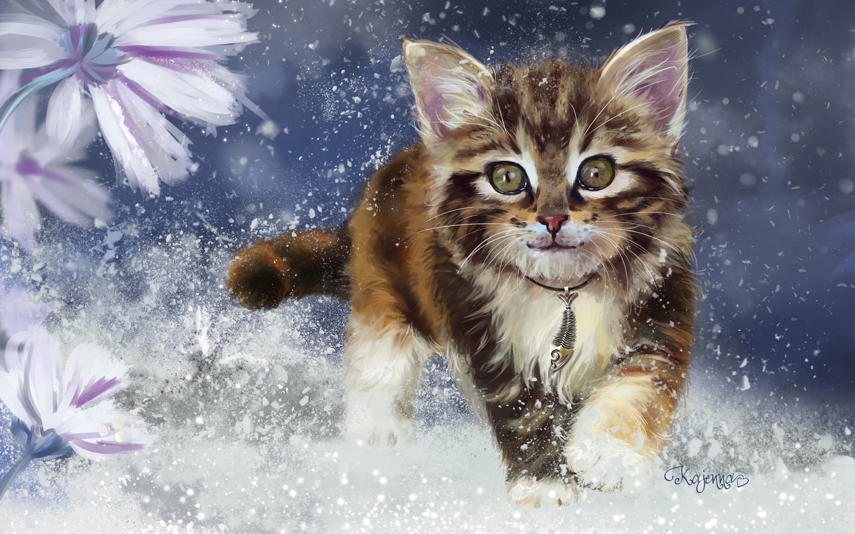 Обои арт, снег, зима, котенок, детская, lorri kajenna, art, snow, winter, kitty, children's разрешение 1920x1200 Загрузить