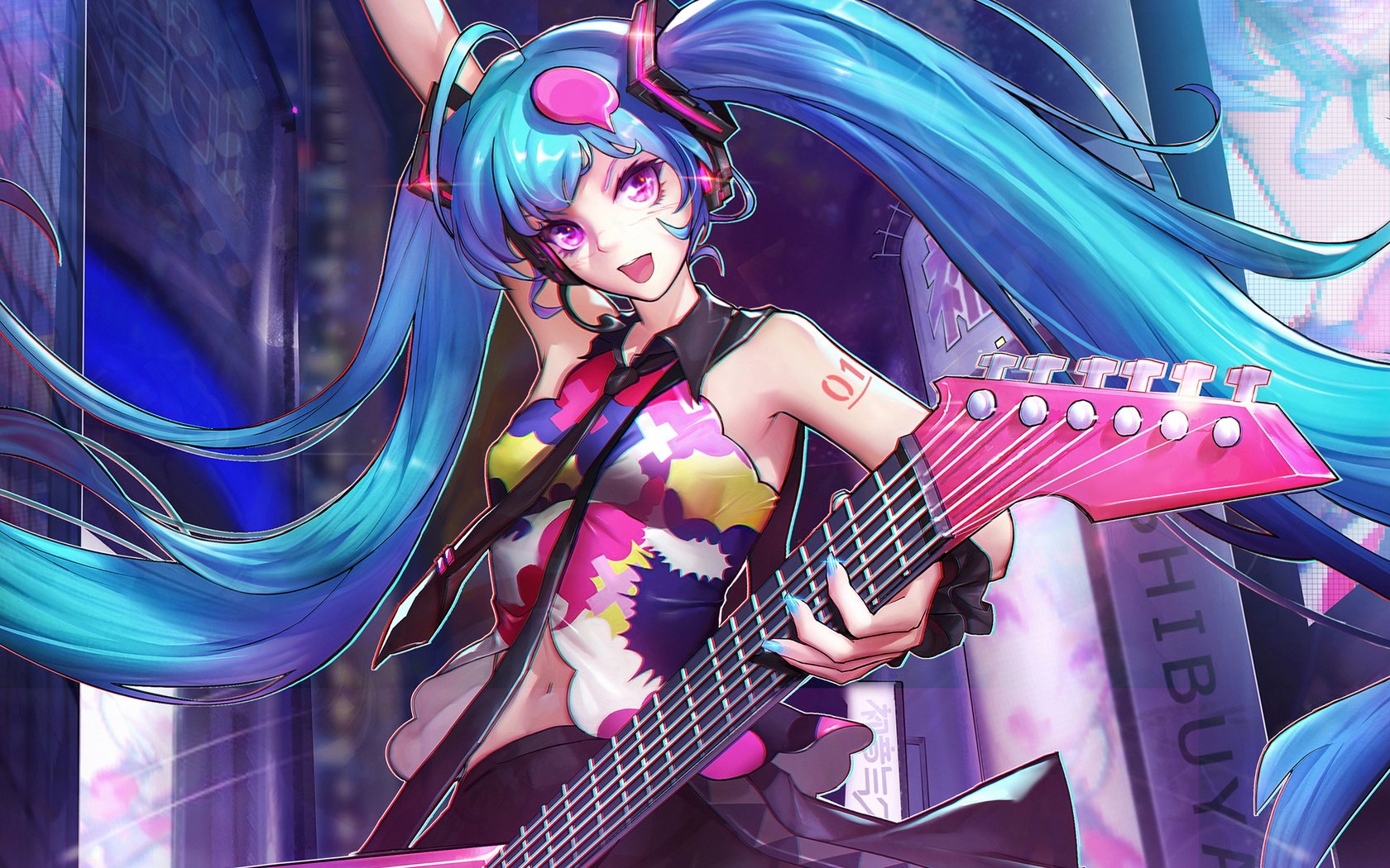 Обои арт, девушка, гитара, аниме, вокалоид, мику хацунэ, art, girl, guitar, anime, vocaloid, hatsune miku разрешение 1999x1495 Загрузить