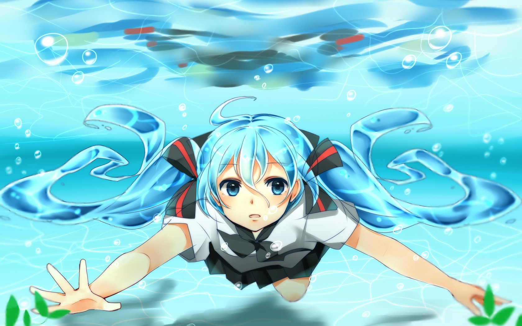 Обои арт, вода, растения, девушка, вокалоид, удивление, школьница, bottle miku, yuragiyura, art, water, plants, girl, vocaloid, surprise, schoolgirl разрешение 2000x1700 Загрузить