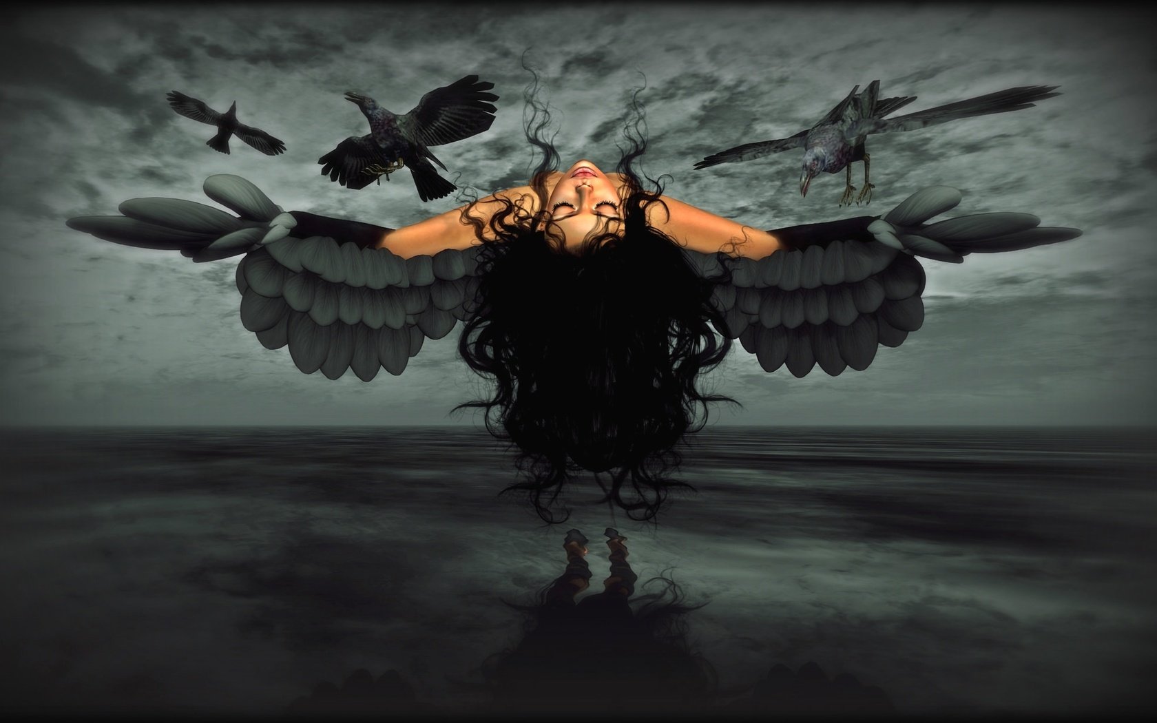 Обои девушка, крылья, вороны, girl, wings, crows разрешение 2048x1229 Загрузить