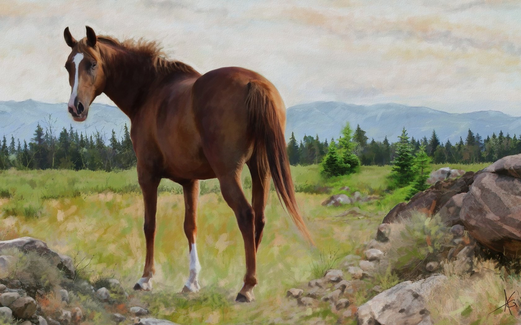 Обои лошадь, природа, картина, пейзаж, графика, конь, живопись, horse, nature, picture, landscape, graphics, painting разрешение 2880x1620 Загрузить