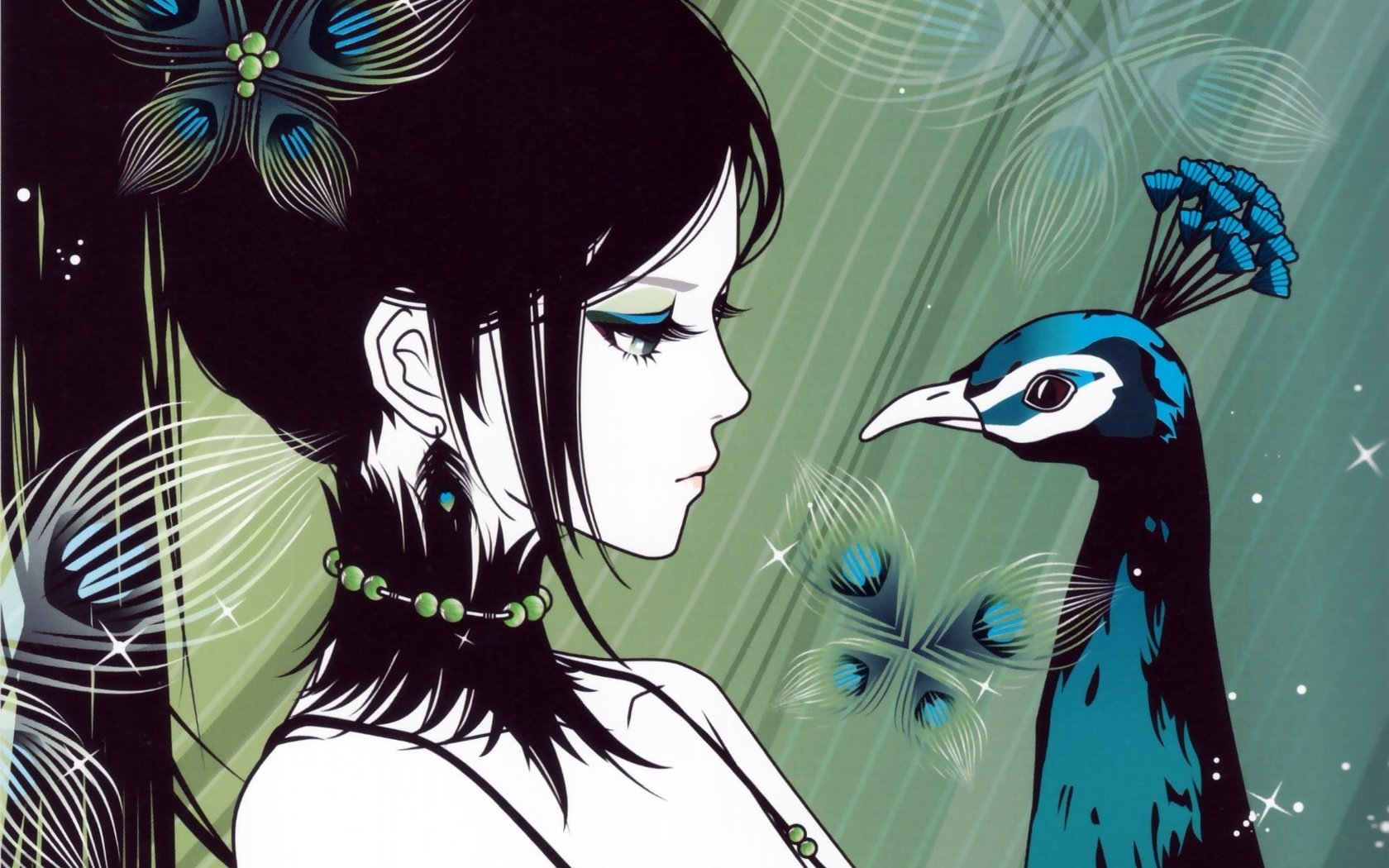 Обои арт, девушка, взгляд, аниме, профиль, хвост, павлин. птица, art, girl, look, anime, profile, tail, peacock. bird разрешение 1995x1510 Загрузить