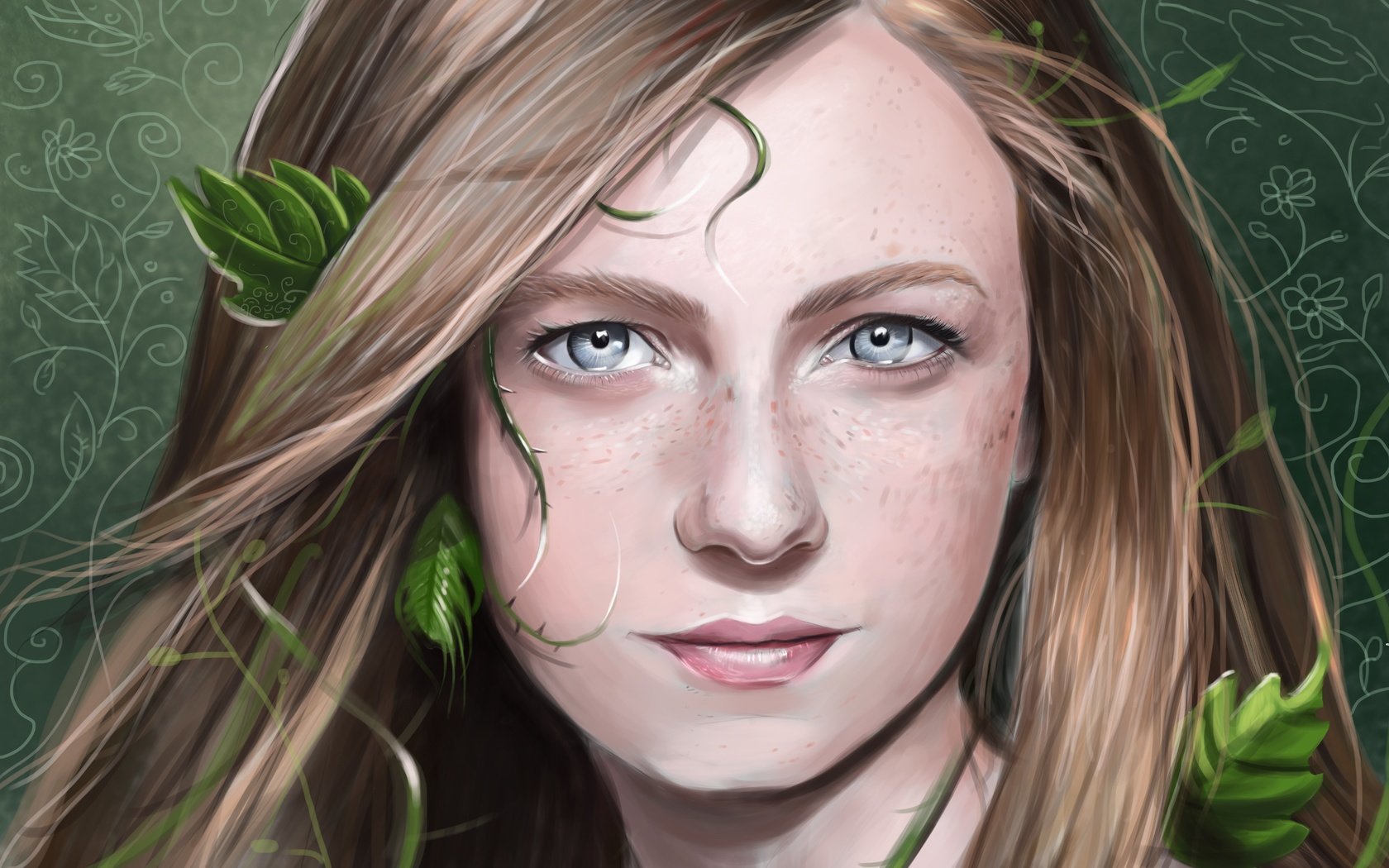 Обои арт, листья, девушка, взгляд, растение, веснушки, art, leaves, girl, look, plant, freckles разрешение 7135x5403 Загрузить