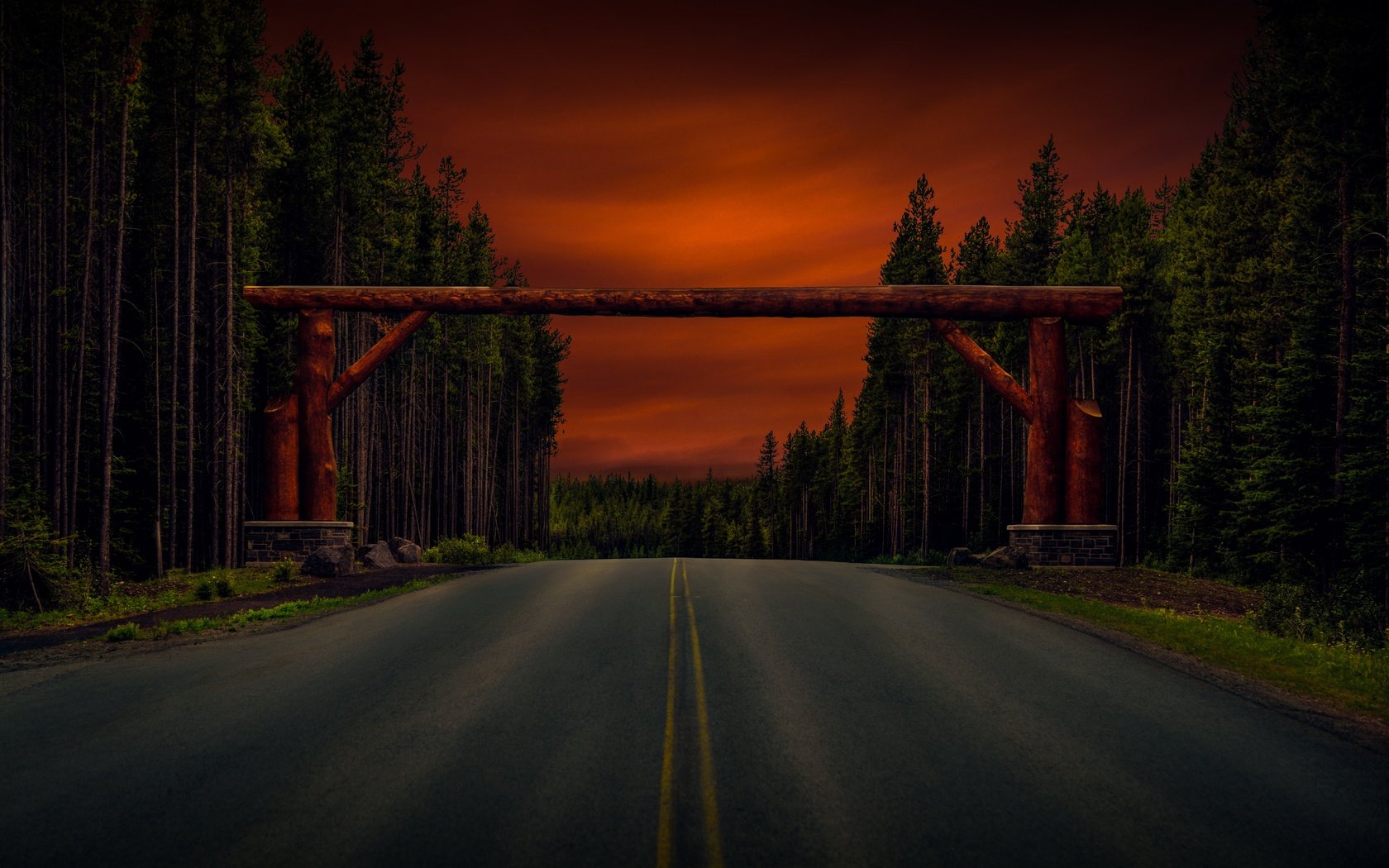 Обои дорога, деревья, лес, арка, бревна, road, trees, forest, arch, logs разрешение 6575x4215 Загрузить