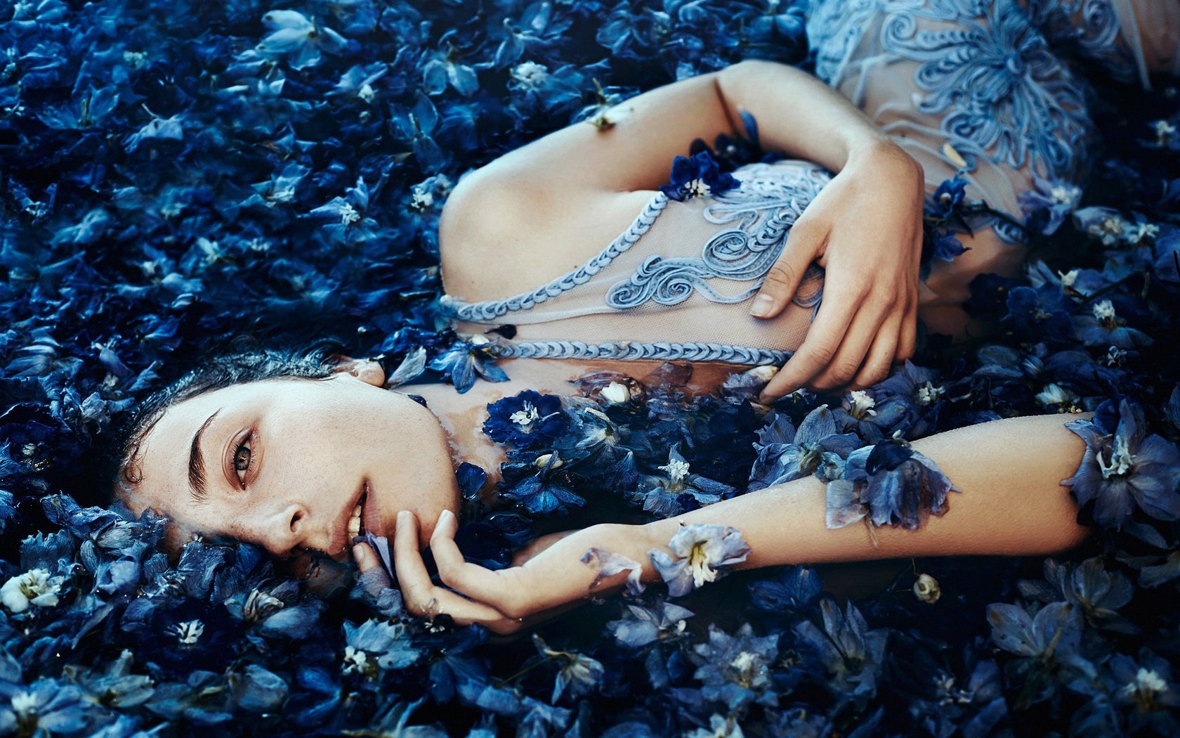 Обои цветы, девушка, настроение, лепестки, взгляд, bella kotak, a sea of blue flowers, ella grace denton, flowers, girl, mood, petals, look разрешение 2048x1365 Загрузить