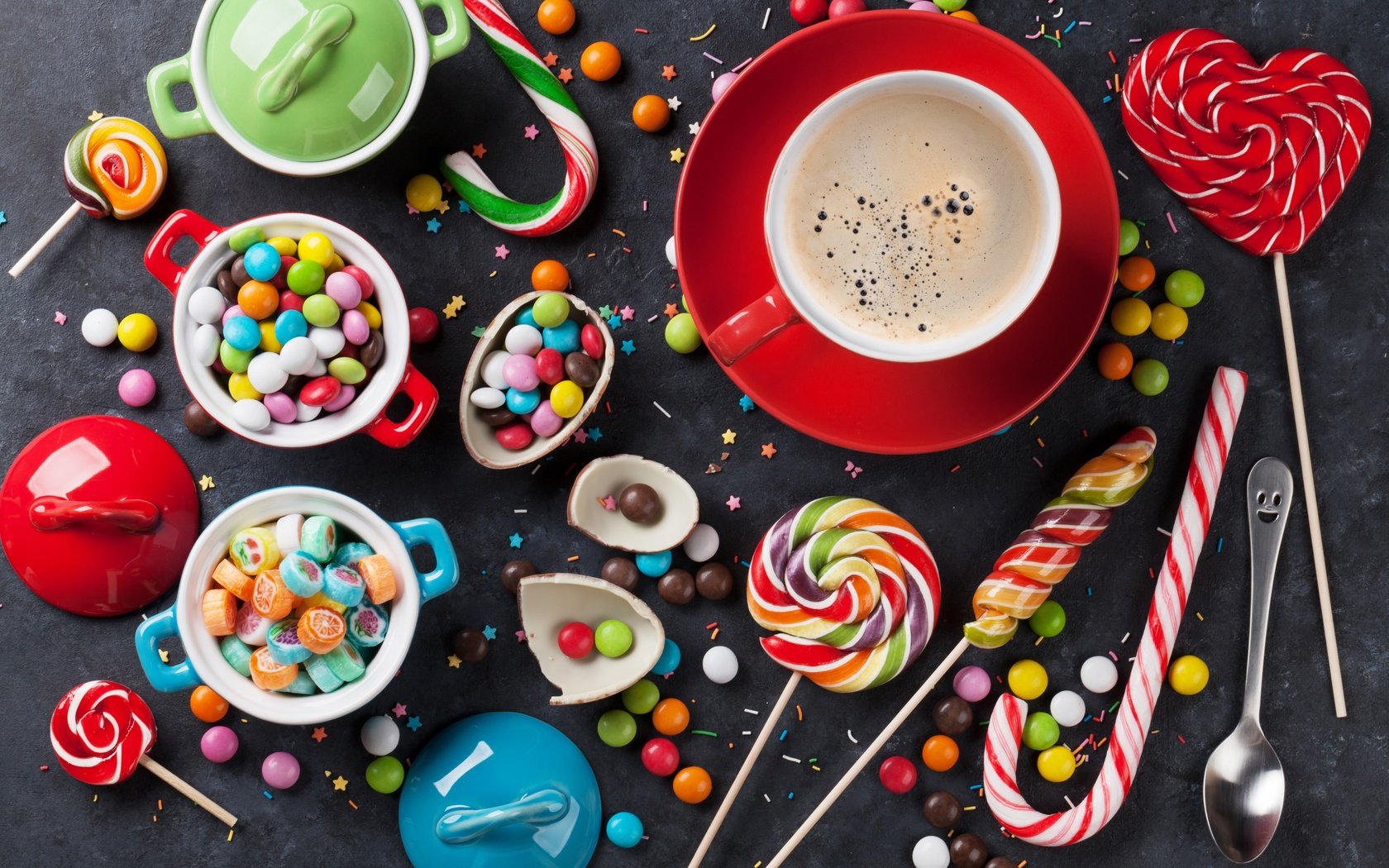 Обои кофе, конфеты, сладости, леденцы, мармелад, coffee, candy, sweets, lollipops, marmalade разрешение 5616x3744 Загрузить