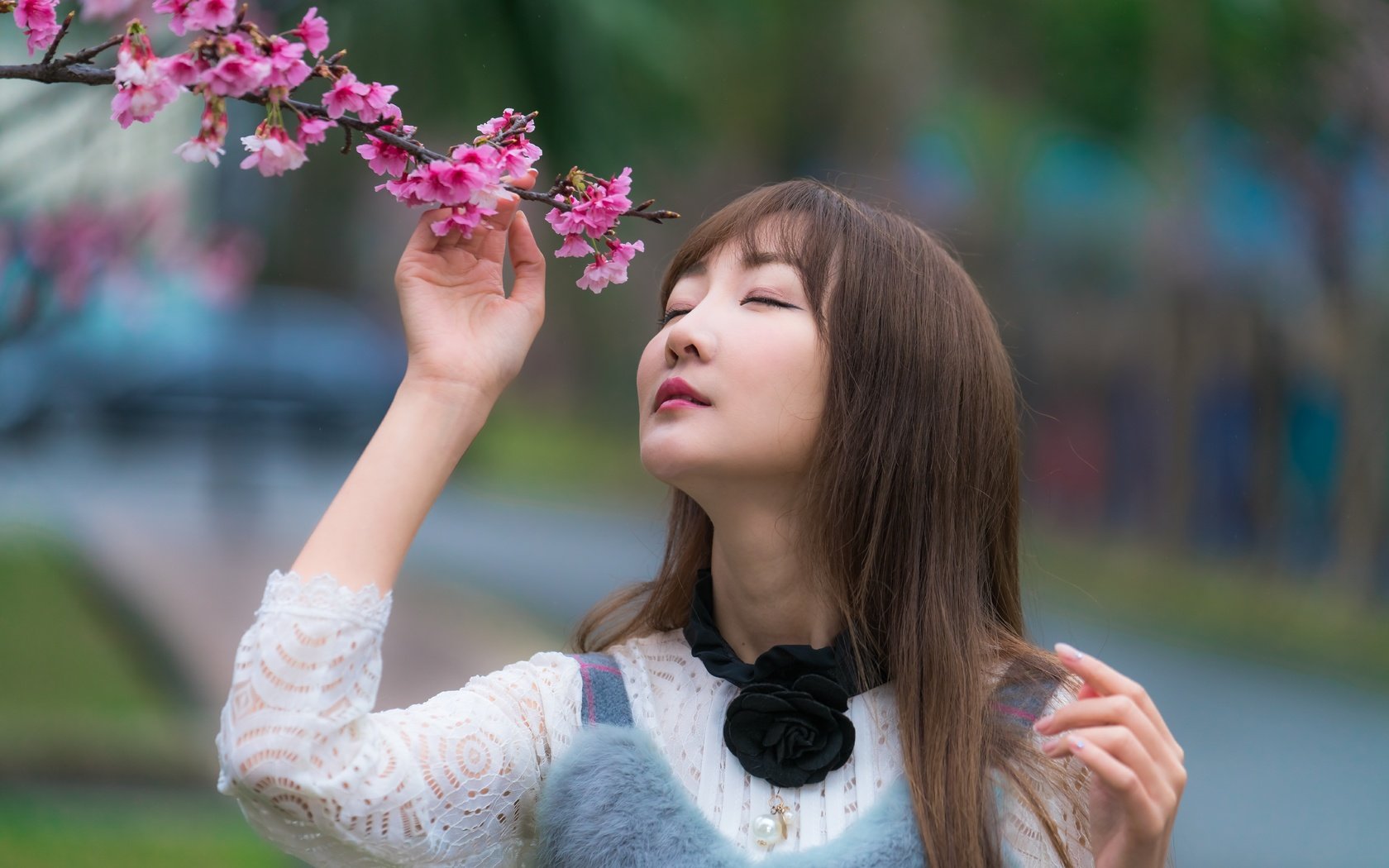 Обои ветка, девушка, волосы, сакура, азиатка, закрытые глаза, branch, girl, hair, sakura, asian, closed eyes разрешение 7952x5304 Загрузить