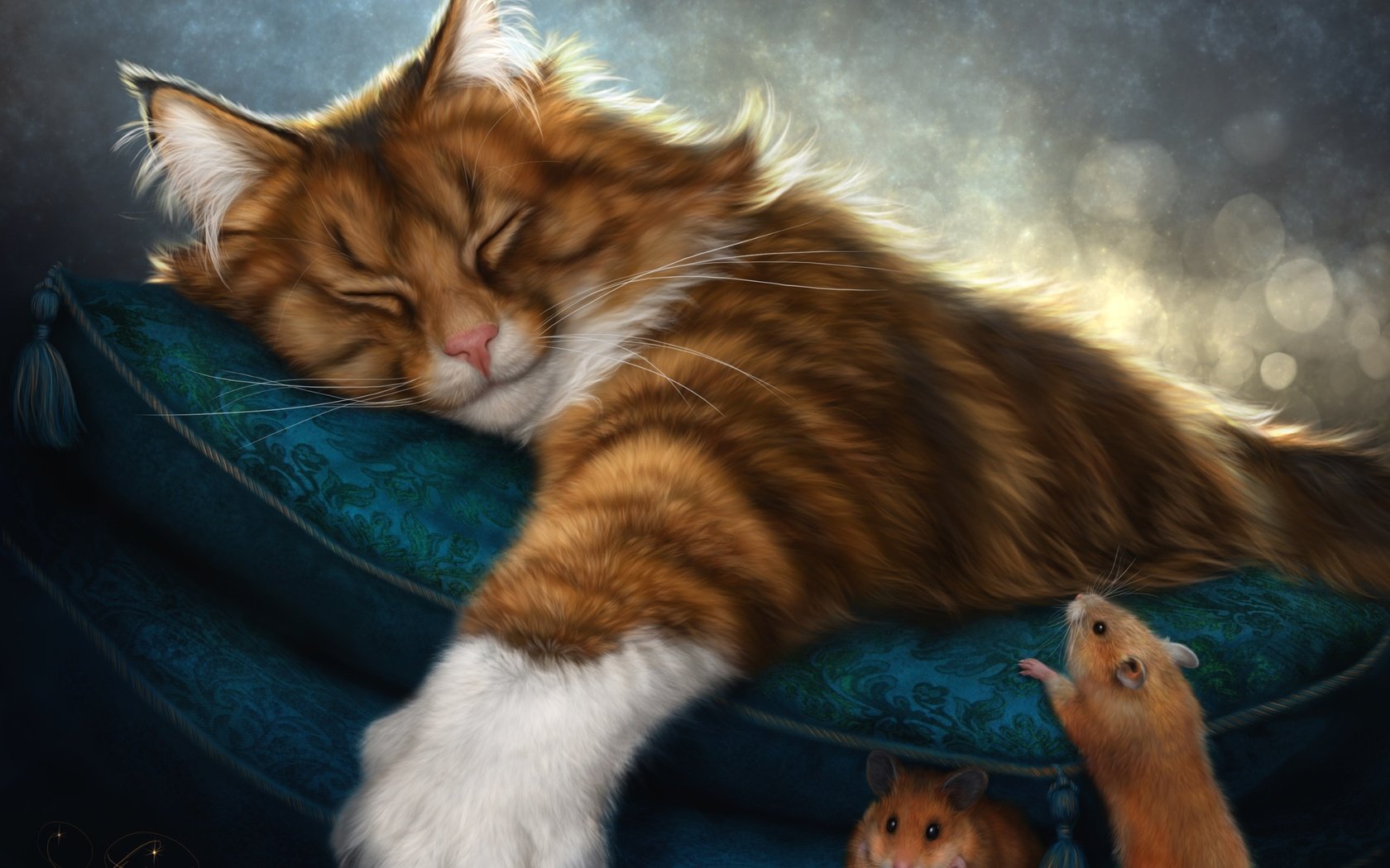 Обои арт, кот, сон, рыжий, мыши, подушка, art, cat, sleep, red, mouse, pillow разрешение 3000x2271 Загрузить