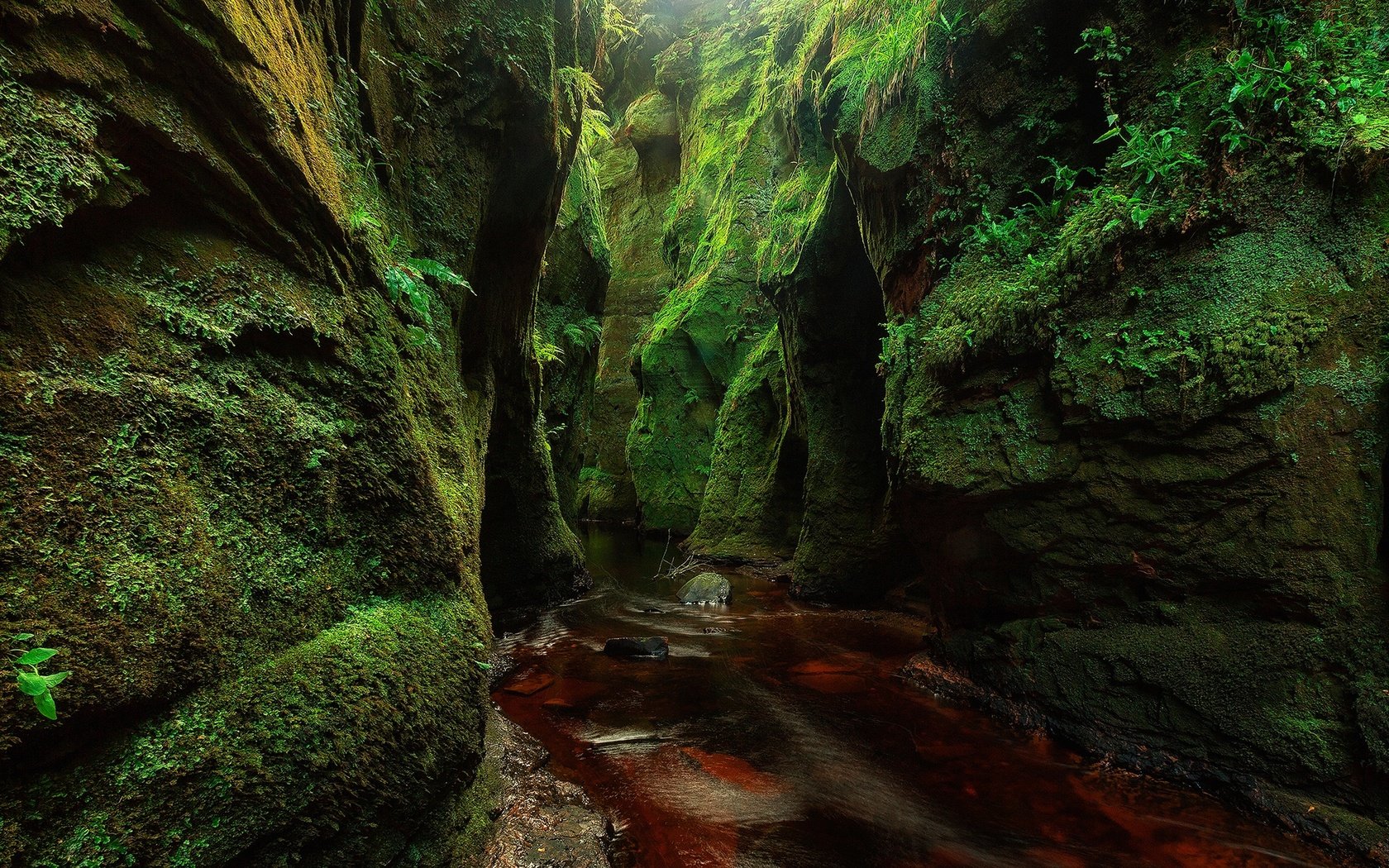 Обои скалы, камни, зелень, ручей, мох, шотландия, finnich glen, rocks, stones, greens, stream, moss, scotland разрешение 2000x1250 Загрузить