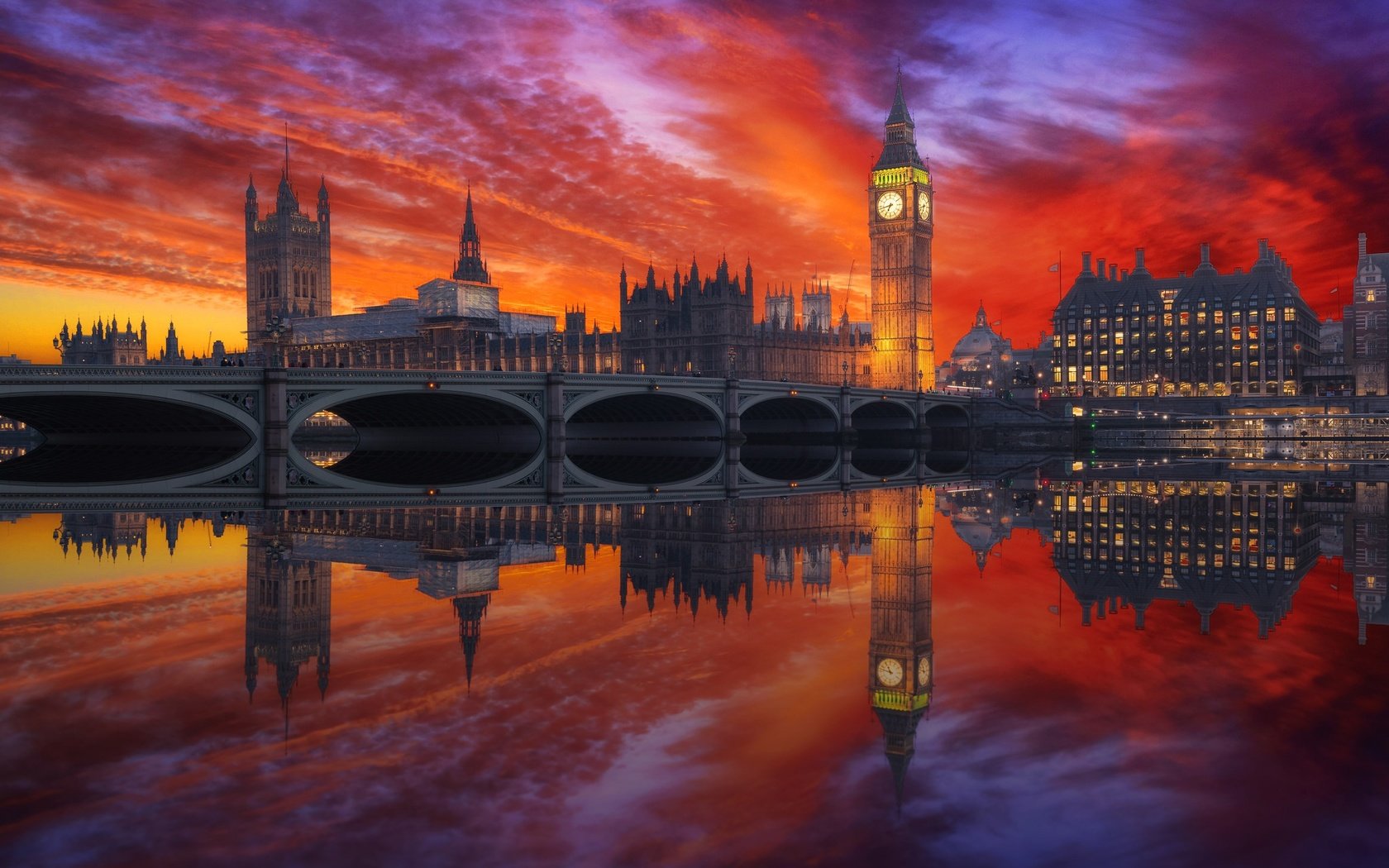 Обои закат, отражение, мост, лондон, англия, биг-бен, sunset, reflection, bridge, london, england, big ben разрешение 2048x1367 Загрузить