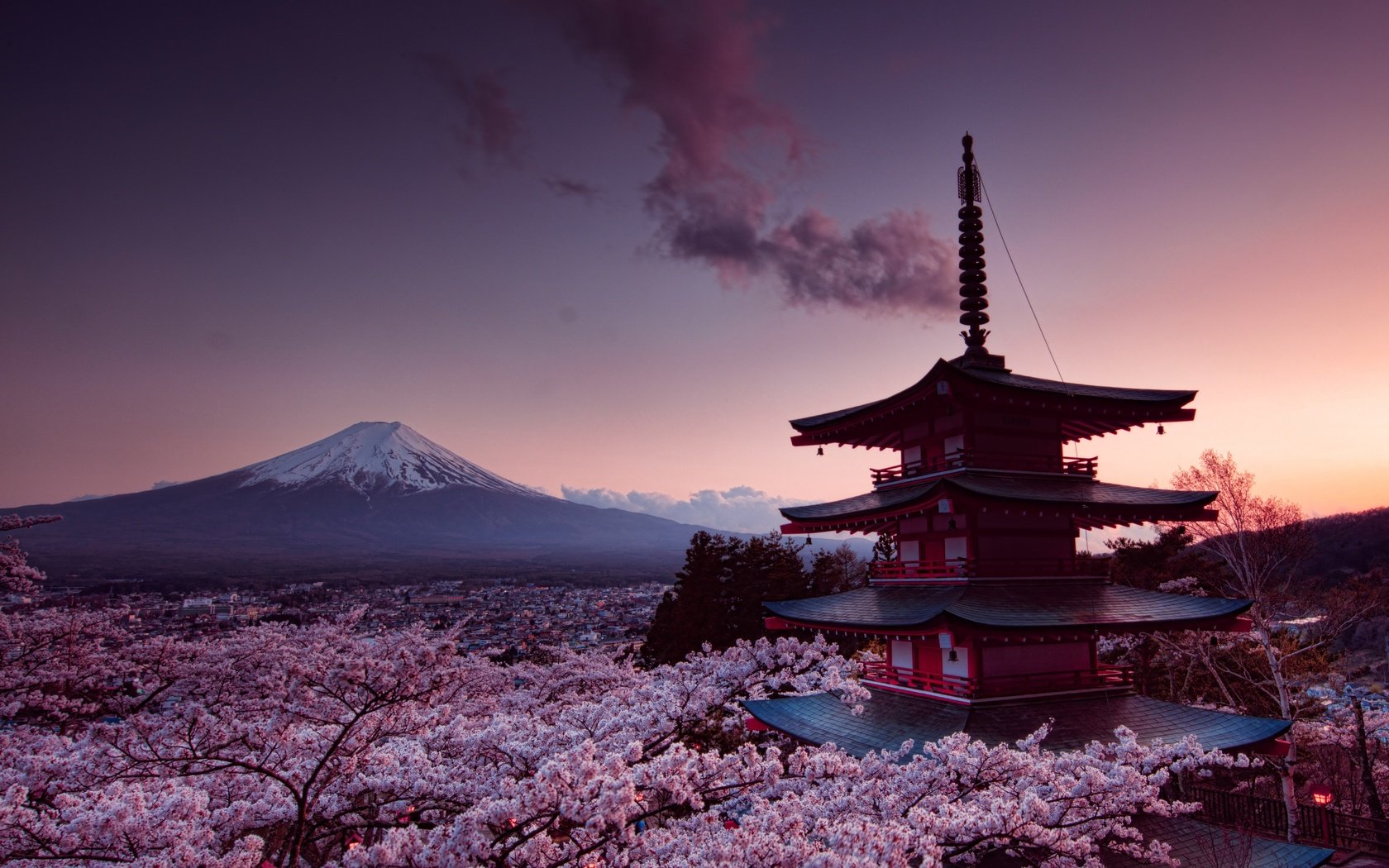 Обои гора, япония, весна, фудзияма, chureito pagoda, фудзиёсида, mountain, japan, spring, fuji, fujiyoshida разрешение 7332x4713 Загрузить