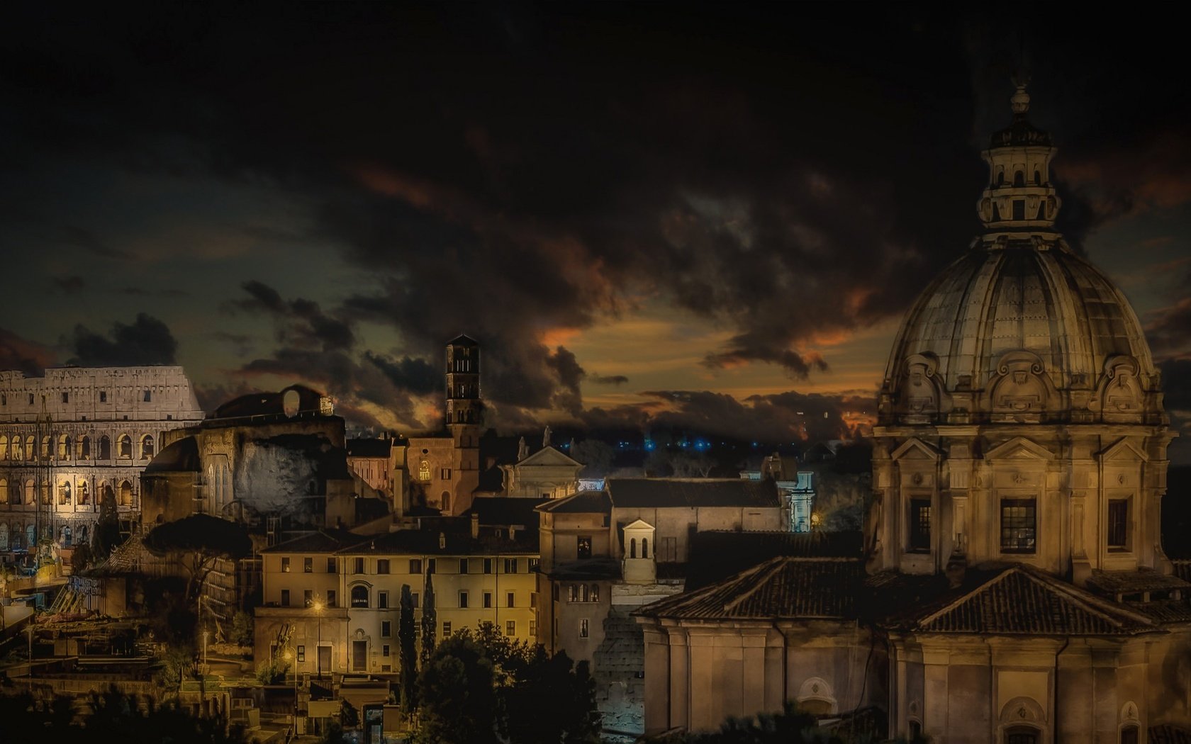 Обои ночь, дома, италия, рим, купол, базилика, night, home, italy, rome, the dome, basilica разрешение 2048x1145 Загрузить