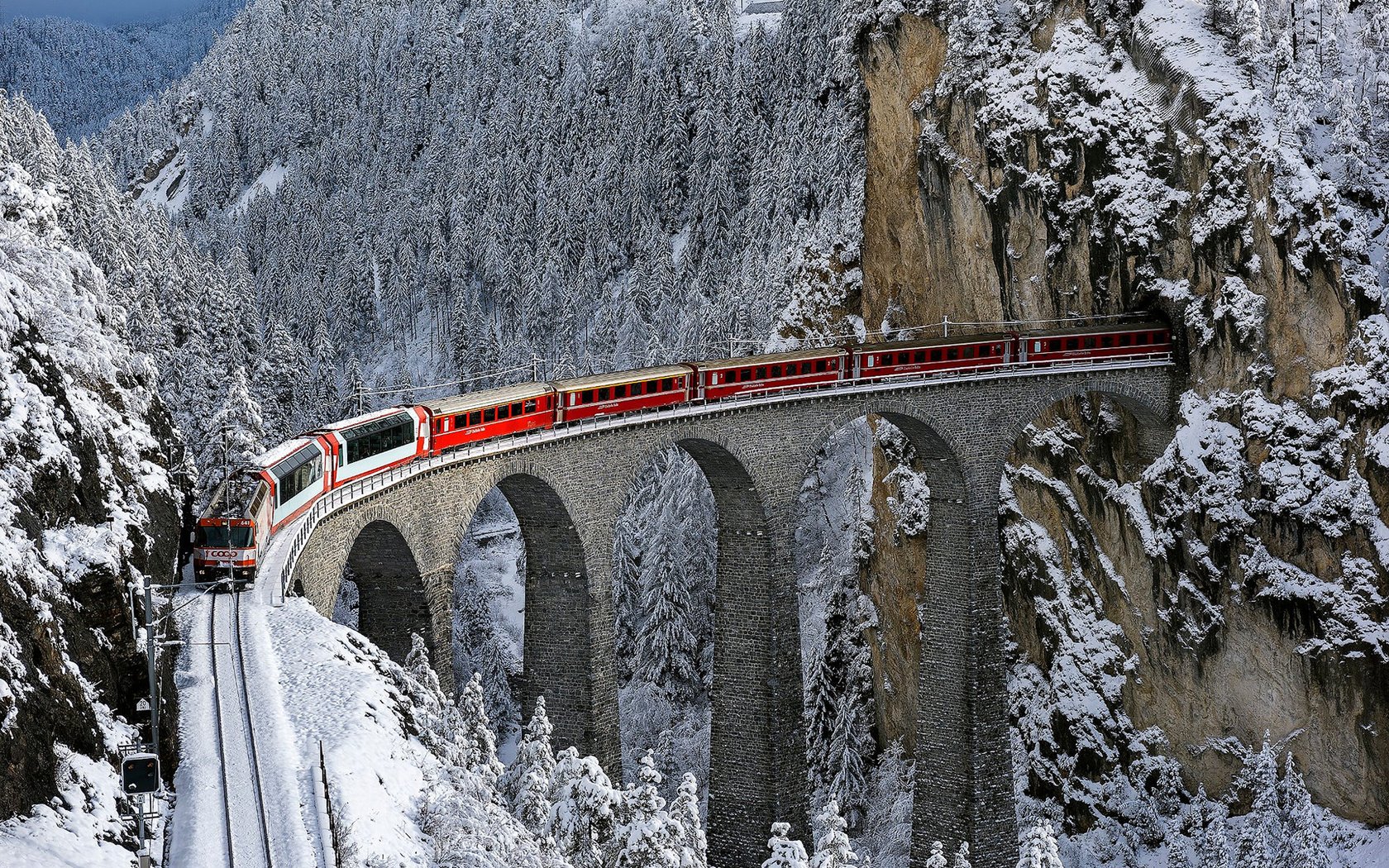 лес, зима, мост, швейцария, ущелье, trees, train, mountains, viaduct, snow,...