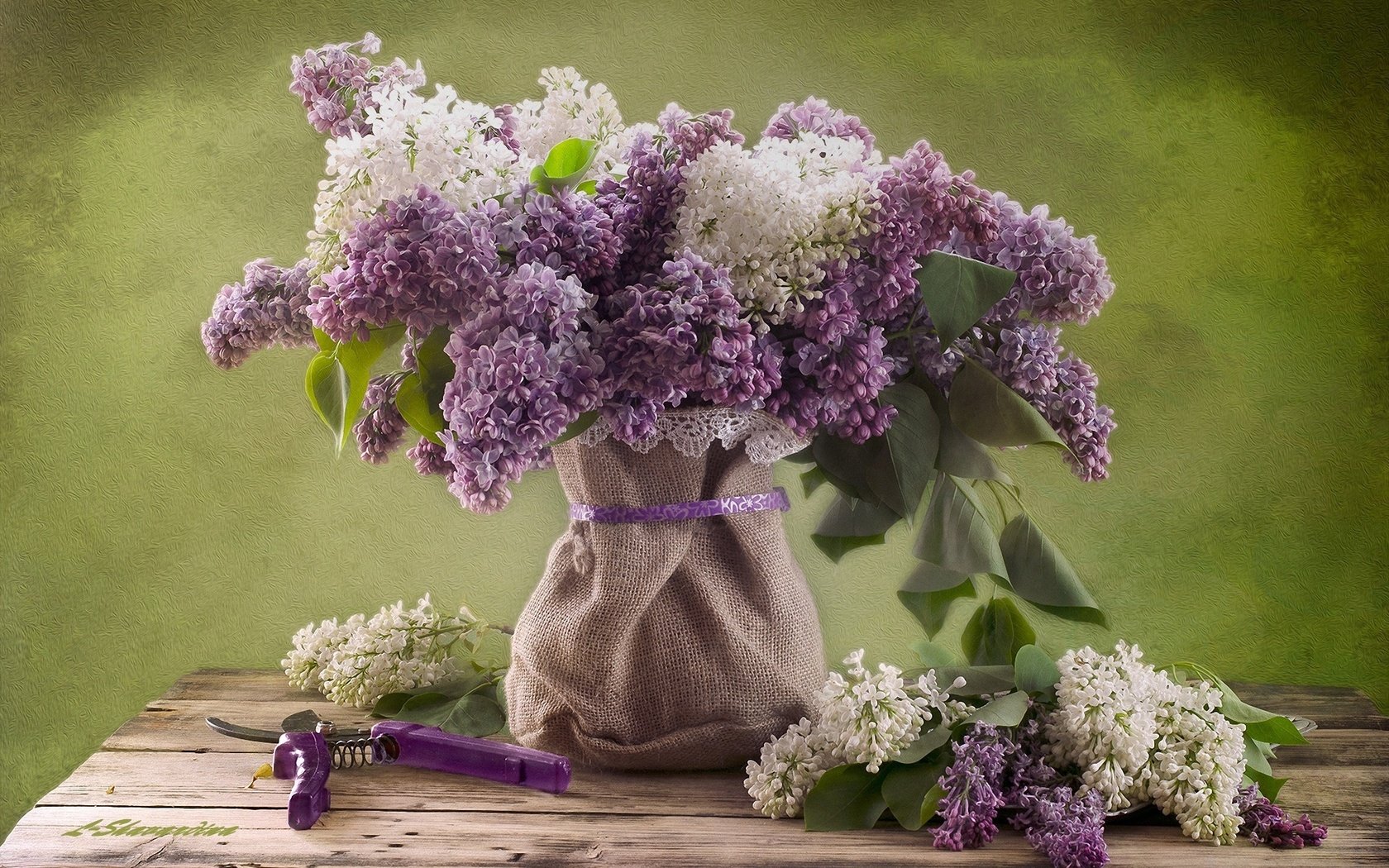 Обои цветы, природа, букет, сирень, натюрморт, мешковина, flowers, nature, bouquet, lilac, still life, burlap разрешение 2000x1333 Загрузить