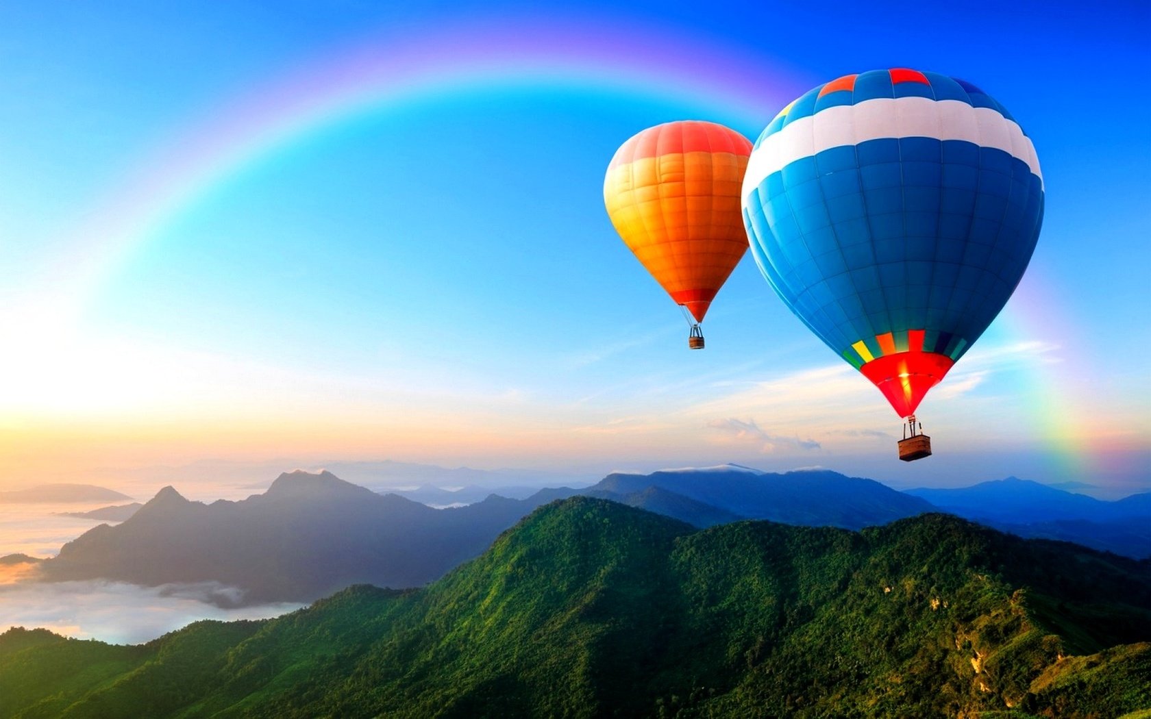 Обои небо, горы, радуга, воздушный шар, the sky, mountains, rainbow, balloon разрешение 1920x1200 Загрузить