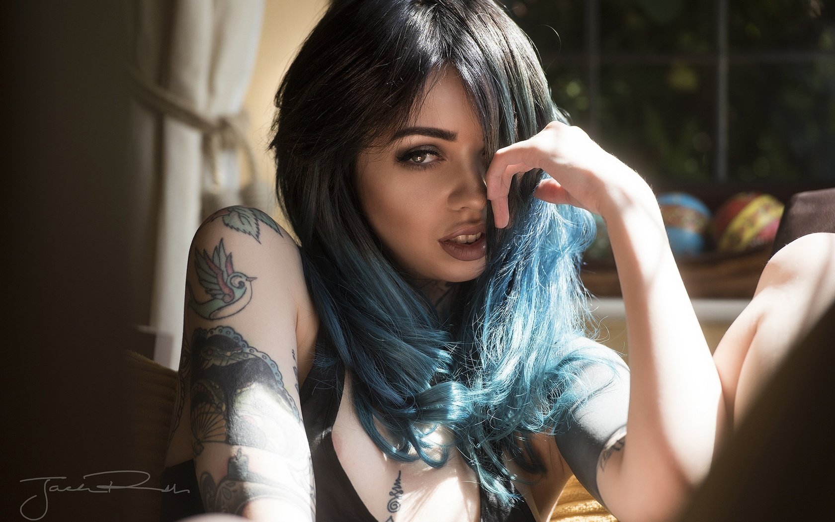 Обои взгляд, модель, тату, синие волосы, look, model, tattoo, blue hair разрешение 2048x1367 Загрузить