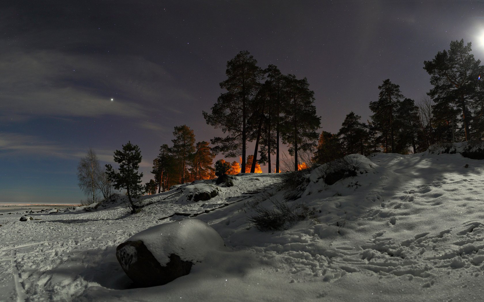 Обои небо, сосны, свет, холм, облака, ночь, деревья, снег, природа, зима, the sky, pine, light, hill, clouds, night, trees, snow, nature, winter разрешение 1920x1200 Загрузить