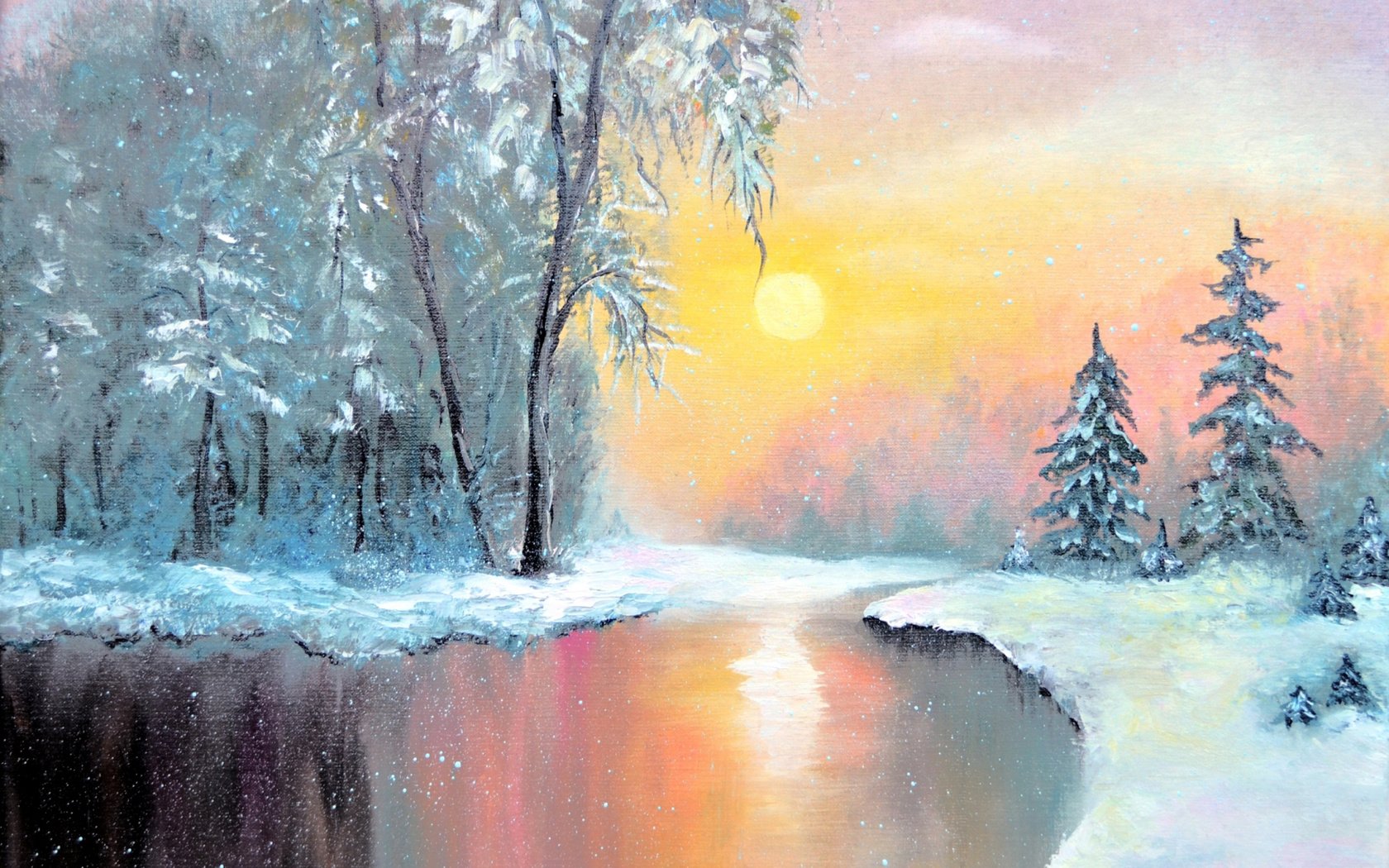 Обои арт, озеро, закат, зима, пейзаж, живопись, art, lake, sunset, winter, landscape, painting разрешение 1920x1200 Загрузить