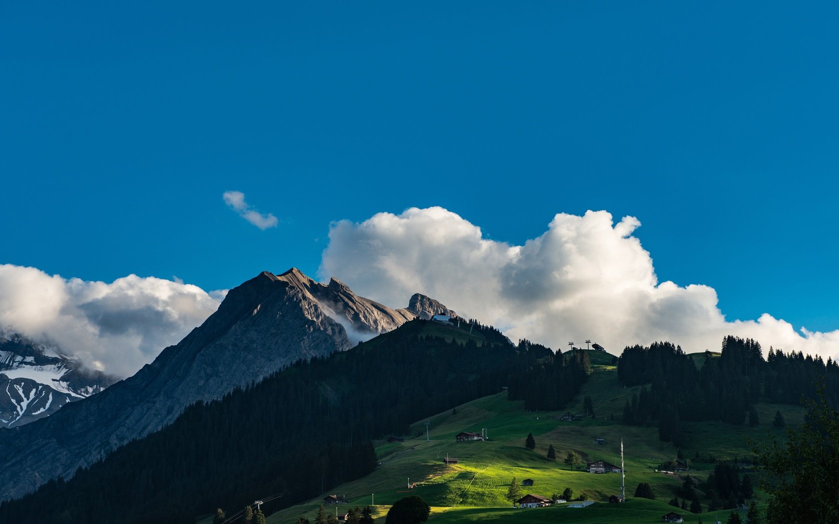 Обои небо, облака, деревья, горы, природа, пейзаж, швейцария, the sky, clouds, trees, mountains, nature, landscape, switzerland разрешение 4897x3268 Загрузить