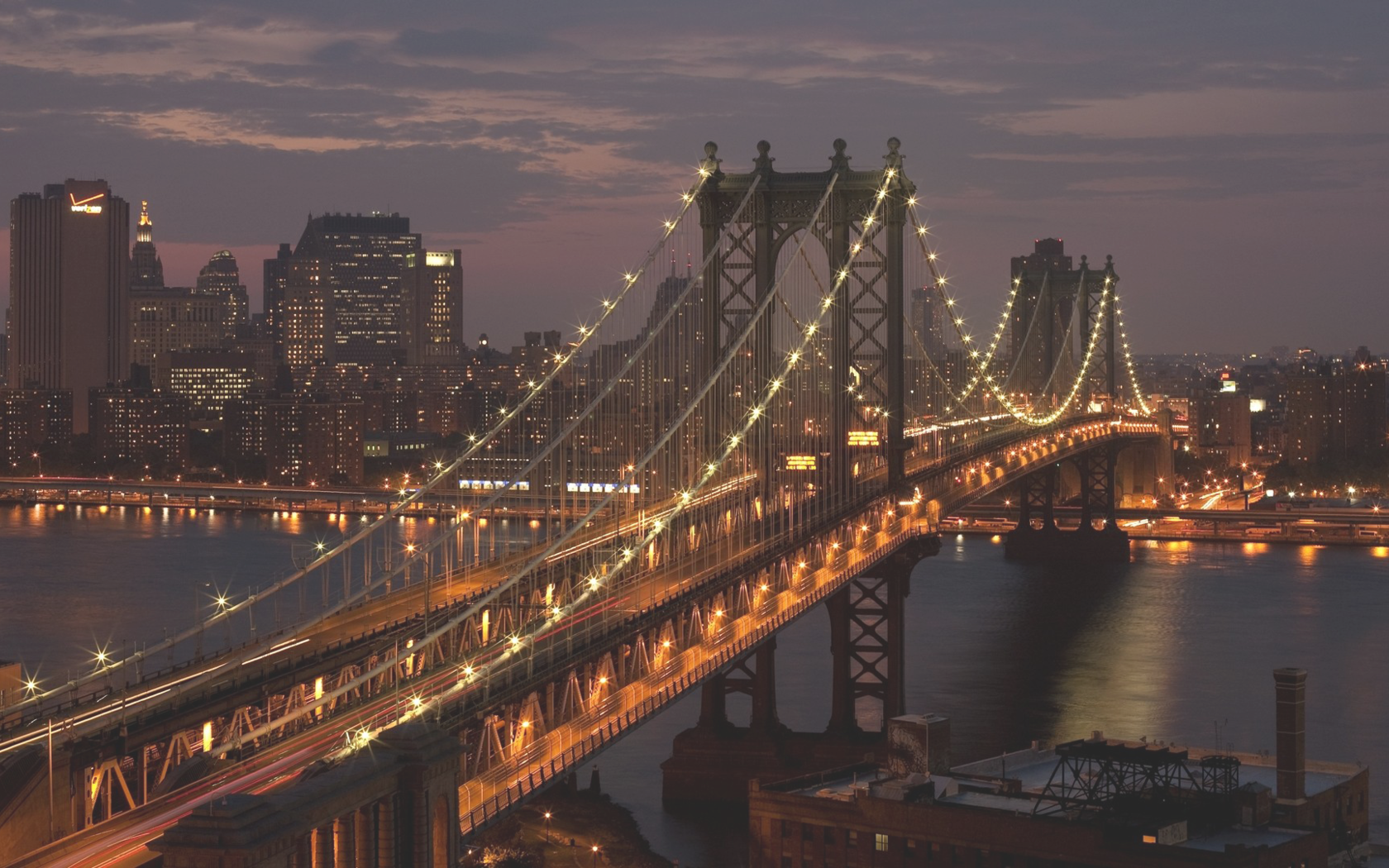Обои ночь, город, сша, нью-йорк, манхеттен, бруклинский мост, night, the city, usa, new york, manhattan, brooklyn bridge разрешение 1920x1080 Загрузить