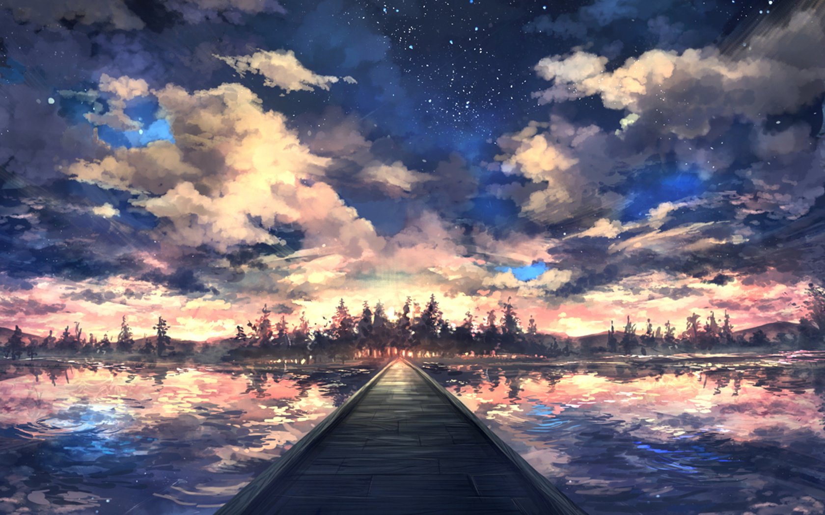 Обои небо, мост, облака, озеро, лес, закат, отражение, пейзаж, звезды, the sky, bridge, clouds, lake, forest, sunset, reflection, landscape, stars разрешение 1932x1206 Загрузить
