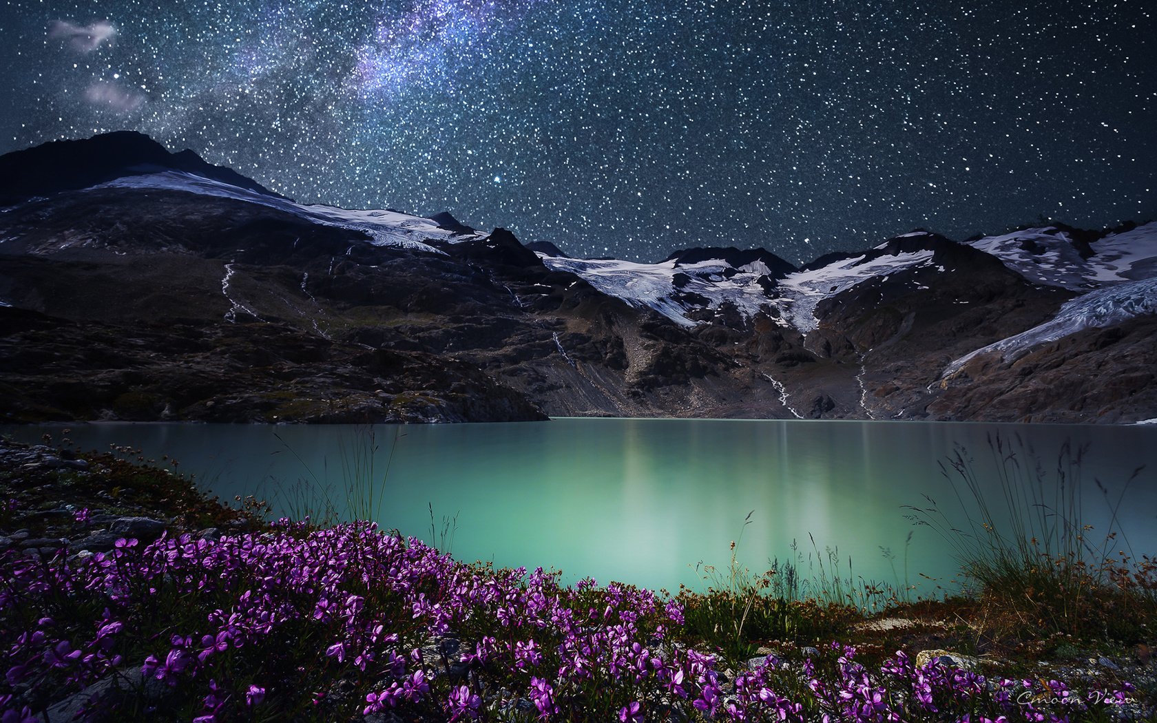 Обои цветы, ночь, озеро, горы, природа, звезды, simone cmoon, flowers, night, lake, mountains, nature, stars разрешение 1920x1200 Загрузить