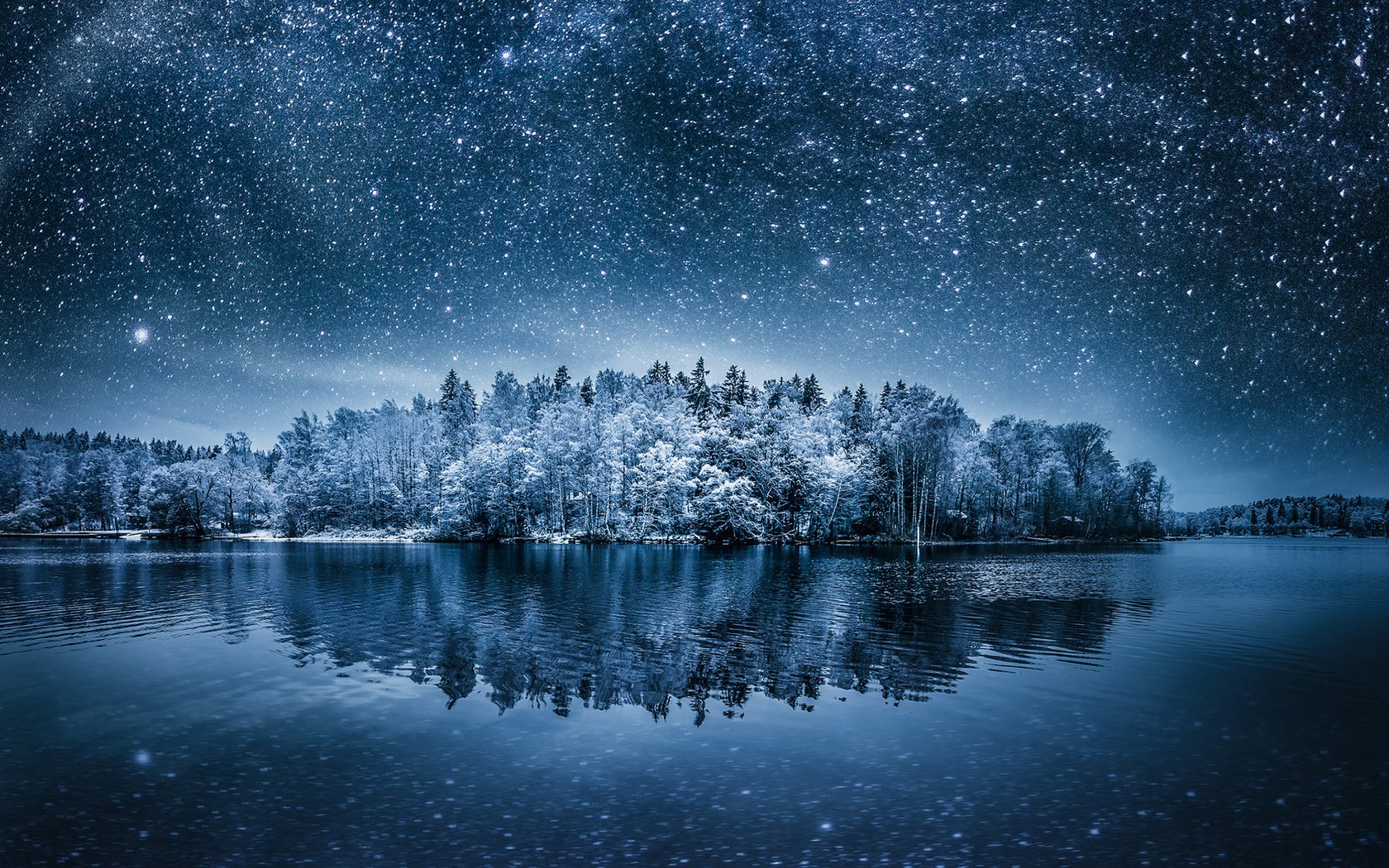 Обои ночь, озеро, природа, лес, зима, пейзаж, звезды, night, lake, nature, forest, winter, landscape, stars разрешение 1920x1200 Загрузить