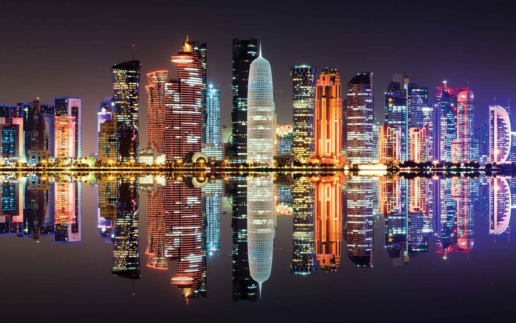 Обои ночь, огни, отражение, город, катар, доха, night, lights, reflection, the city, qatar, doha разрешение 1920x1080 Загрузить