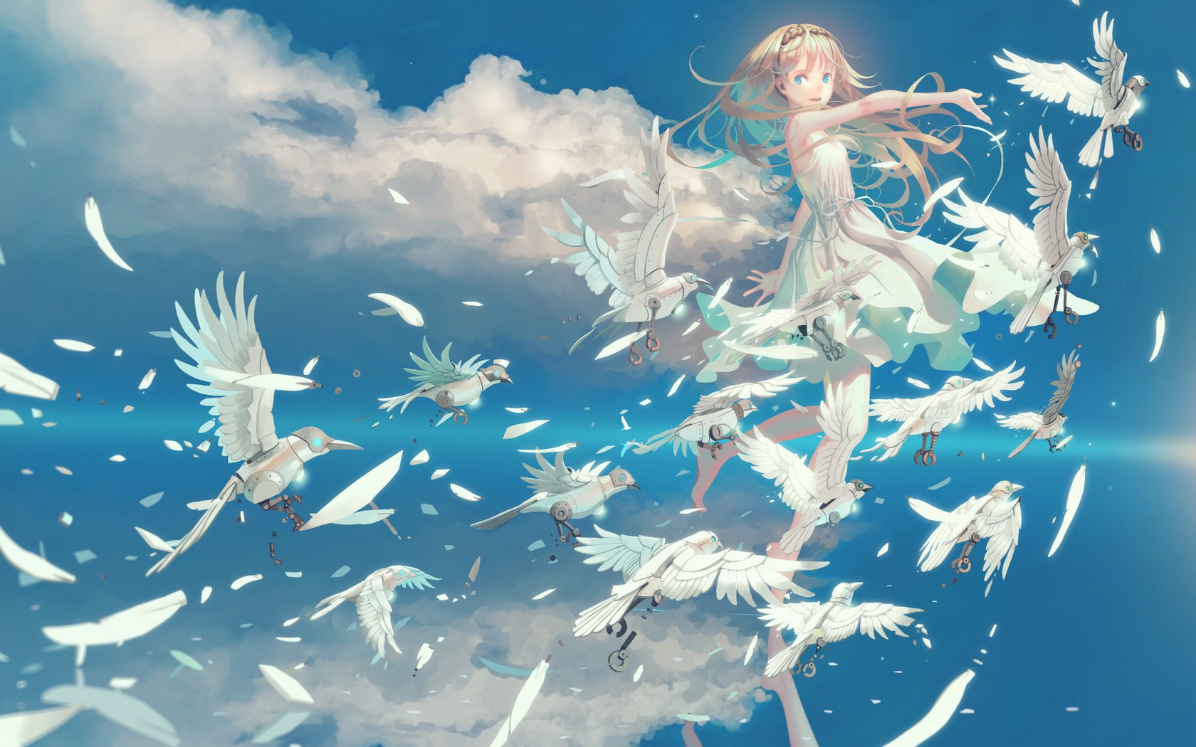 Обои небо, облака, девушка, аниме, птицы, the sky, clouds, girl, anime, birds разрешение 1920x1080 Загрузить