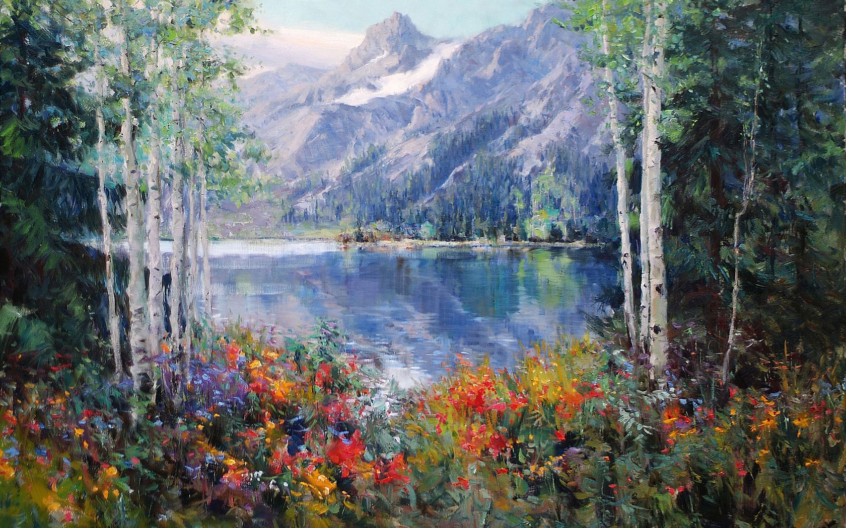 Обои цветы, eric wallis, арт, озеро, горы, лес, пейзаж, березы, живопись, flowers, art, lake, mountains, forest, landscape, birch, painting разрешение 1920x1200 Загрузить