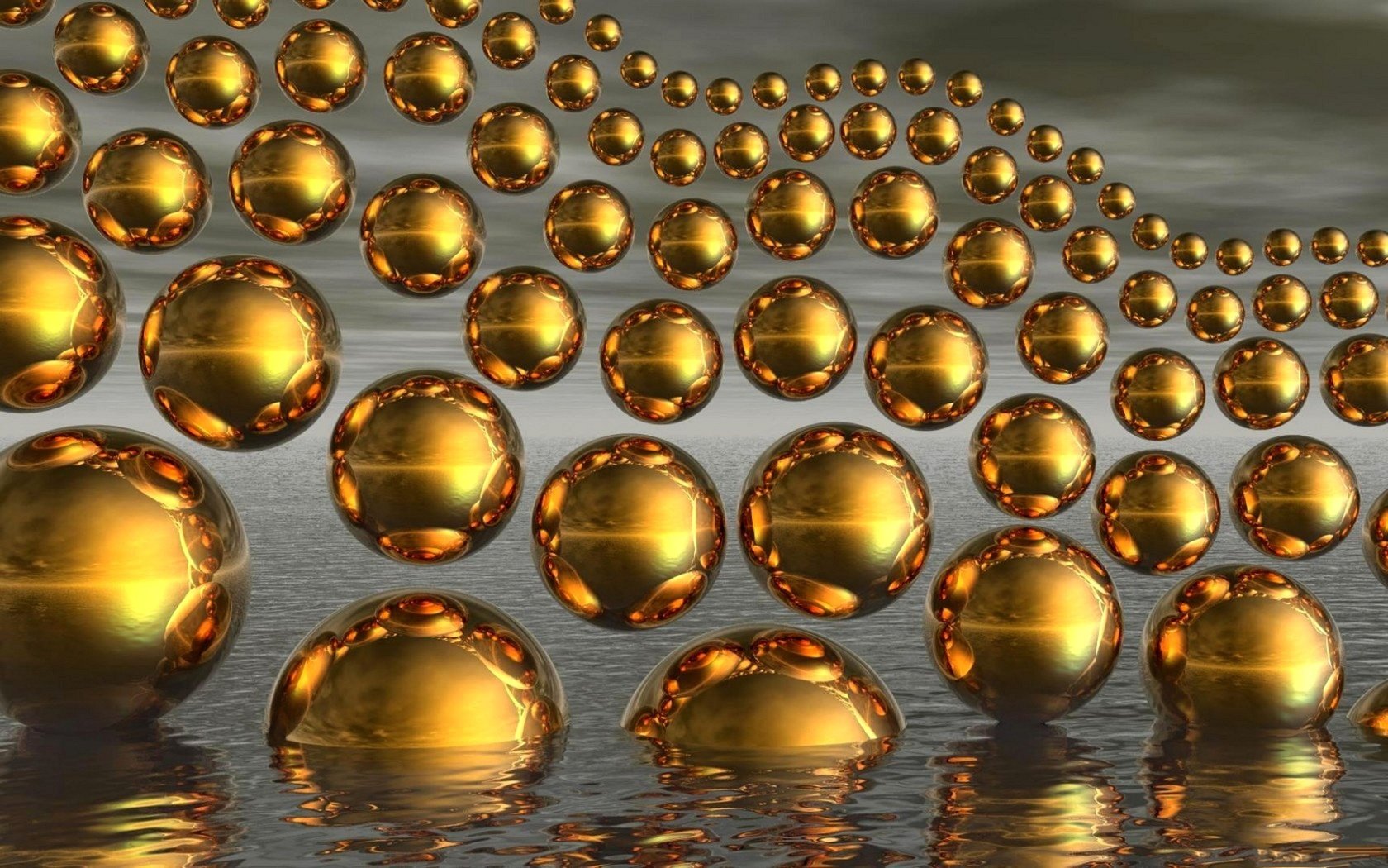 Обои вода, шары, волны, отражение, фон, золотые, water, balls, wave, reflection, background, gold разрешение 3840x2400 Загрузить