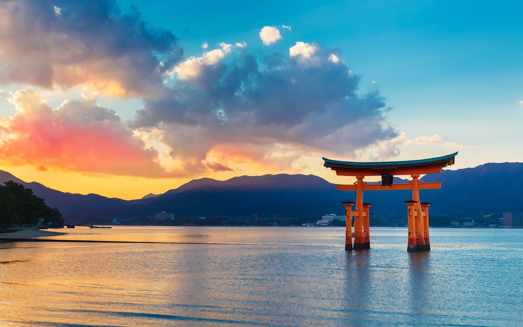 Обои небо, облака, закат, море, япония, torii gate, the sky, clouds, sunset, sea, japan разрешение 3840x2160 Загрузить