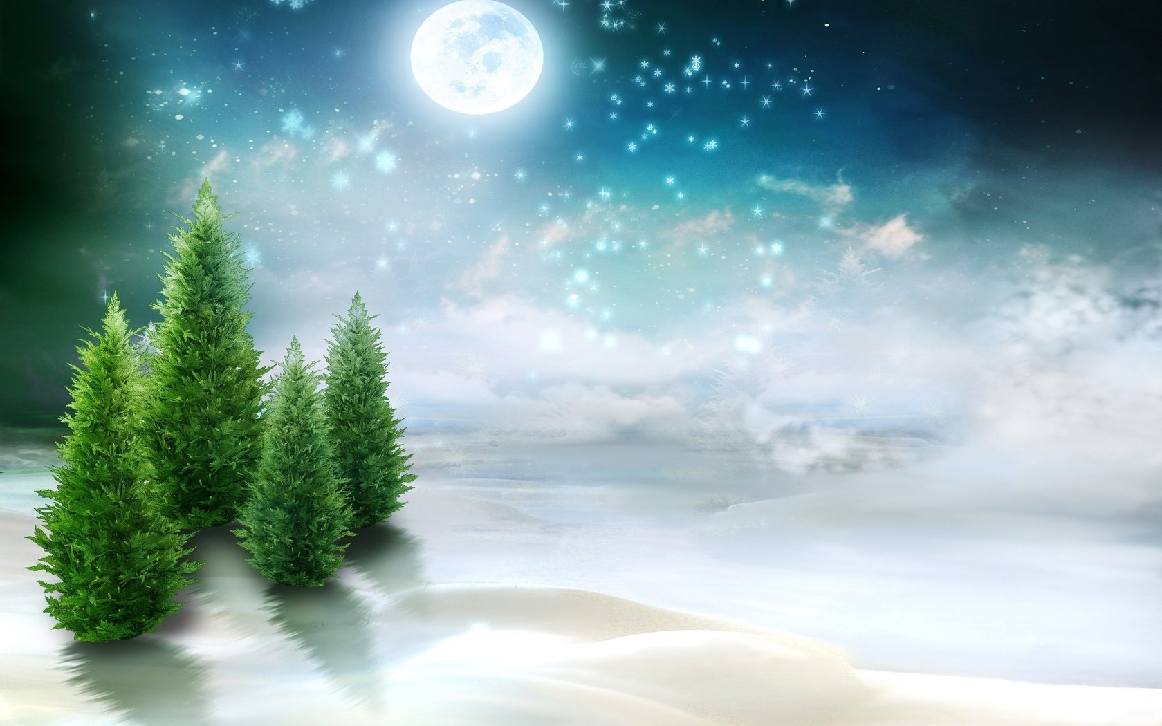 Обои рисунок, деревья, снег, природа, луна, ели, figure, trees, snow, nature, the moon, ate разрешение 2560x1600 Загрузить
