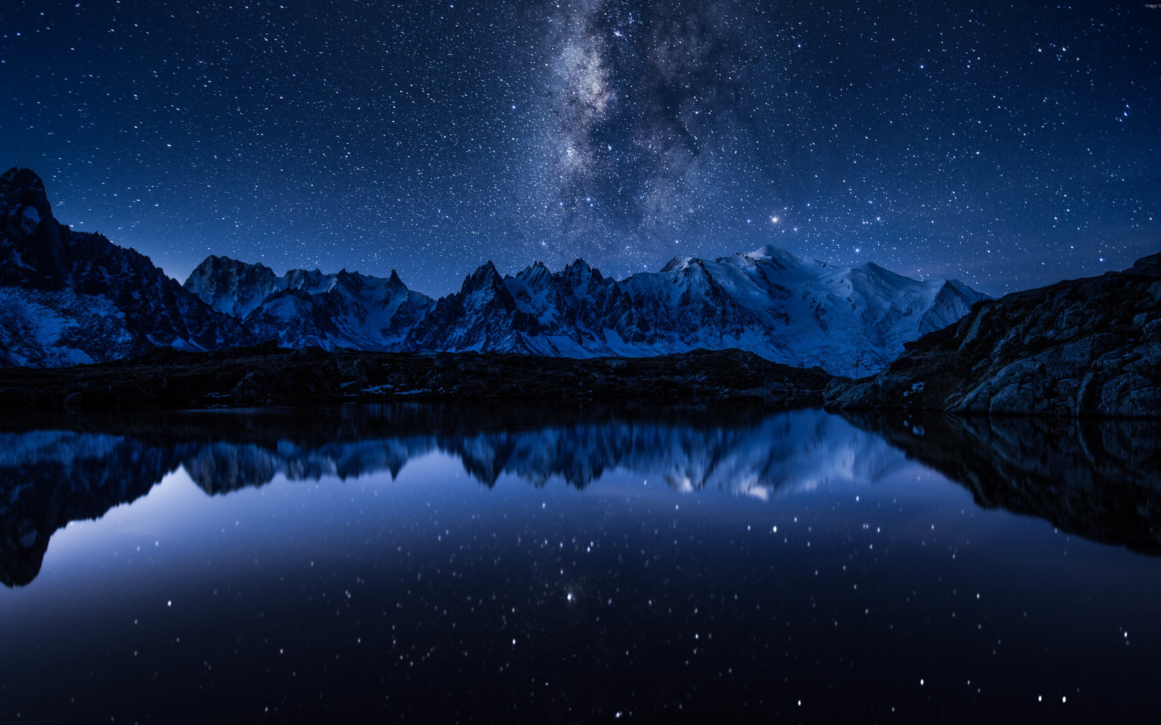 Обои небо, ночь, озеро, горы, отражение, звезды, млечный путь, the sky, night, lake, mountains, reflection, stars, the milky way разрешение 3840x2160 Загрузить