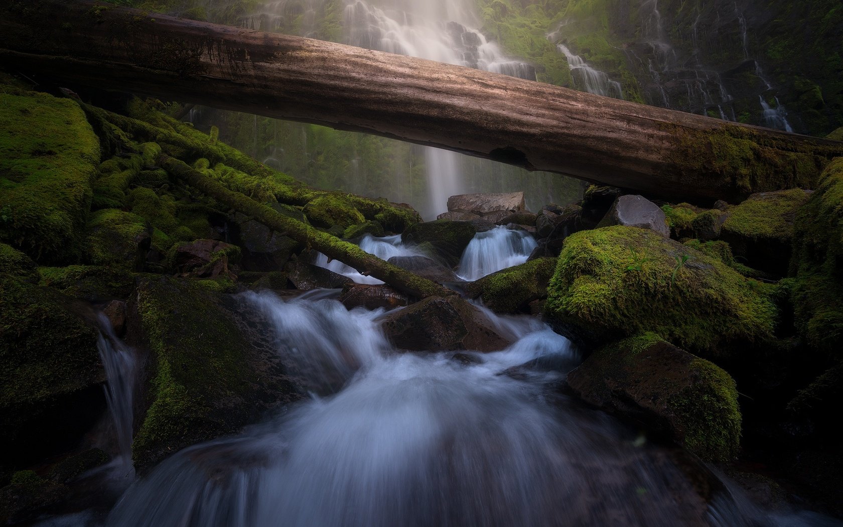 Обои камни, валуны, зелень, водопад, поток, мох, бревно, водопады, каскад, stones, boulders, greens, waterfall, stream, moss, log, waterfalls, cascade разрешение 2048x1391 Загрузить