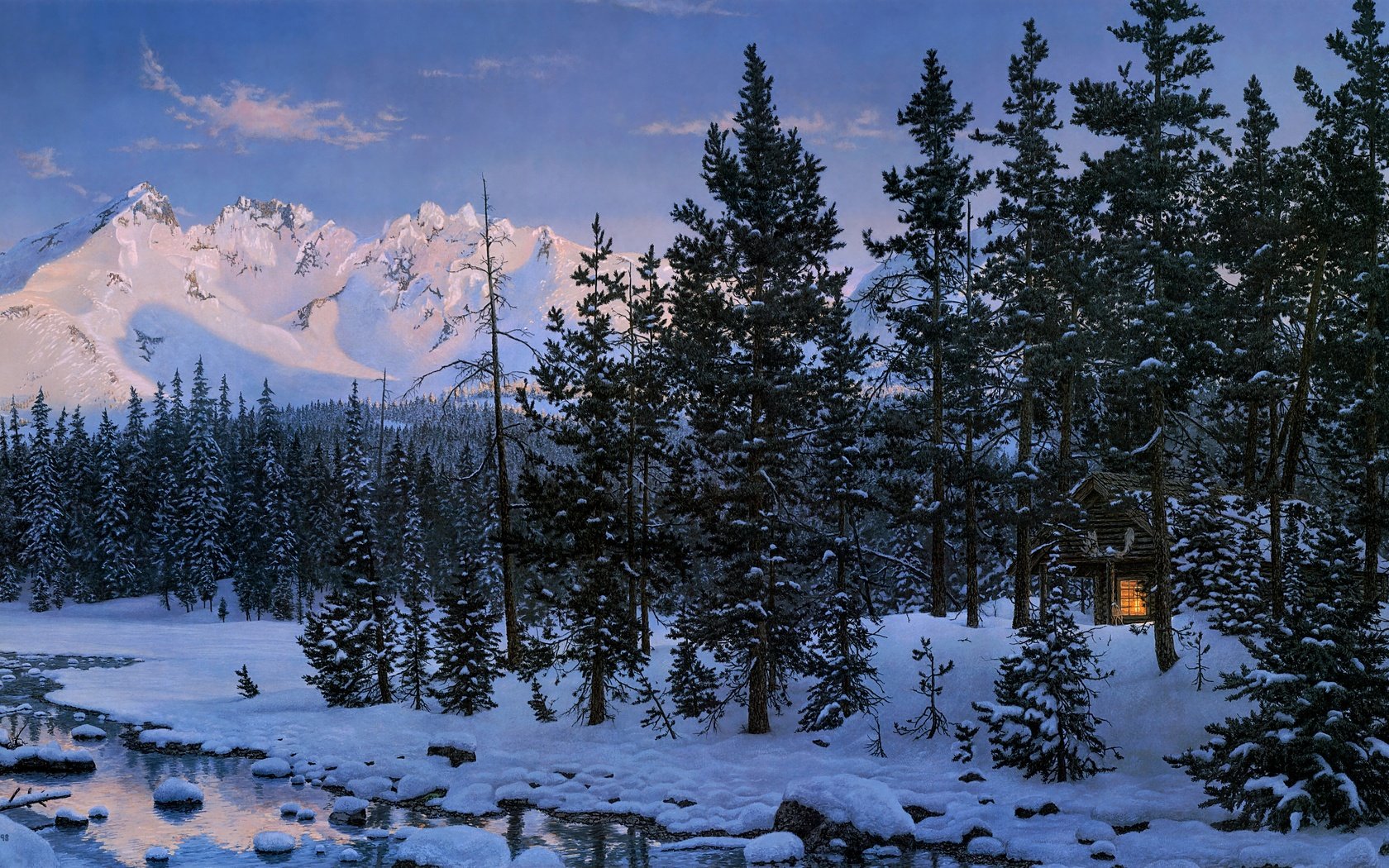 Обои лес, зима, домик, избушка, forest, winter, house, hut разрешение 4482x2177 Загрузить