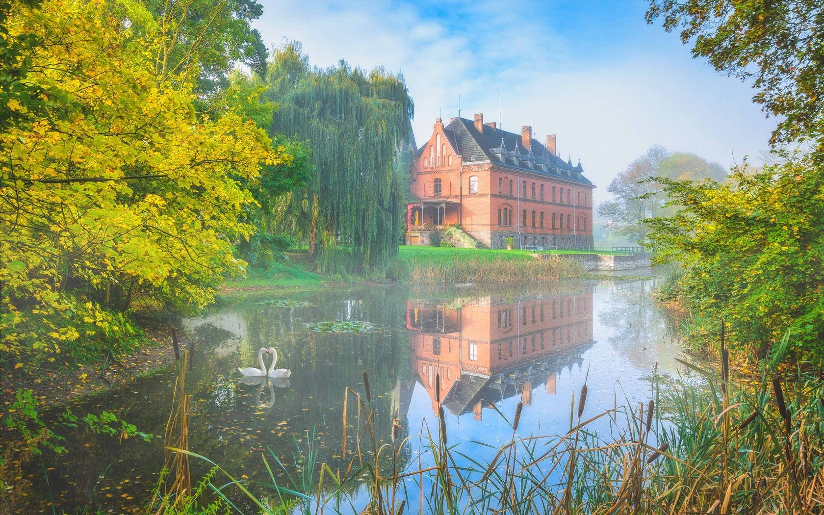 Обои туман, осень, дом, пруд, лебеди, fog, autumn, house, pond, swans разрешение 6000x4000 Загрузить