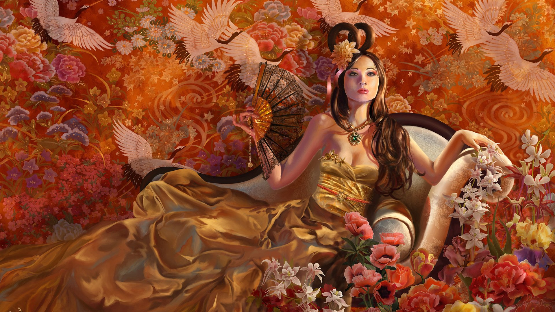 Обои цветы, девушка, платье, птицы, диван, flowers, girl, dress, birds, sofa разрешение 2560x1600 Загрузить